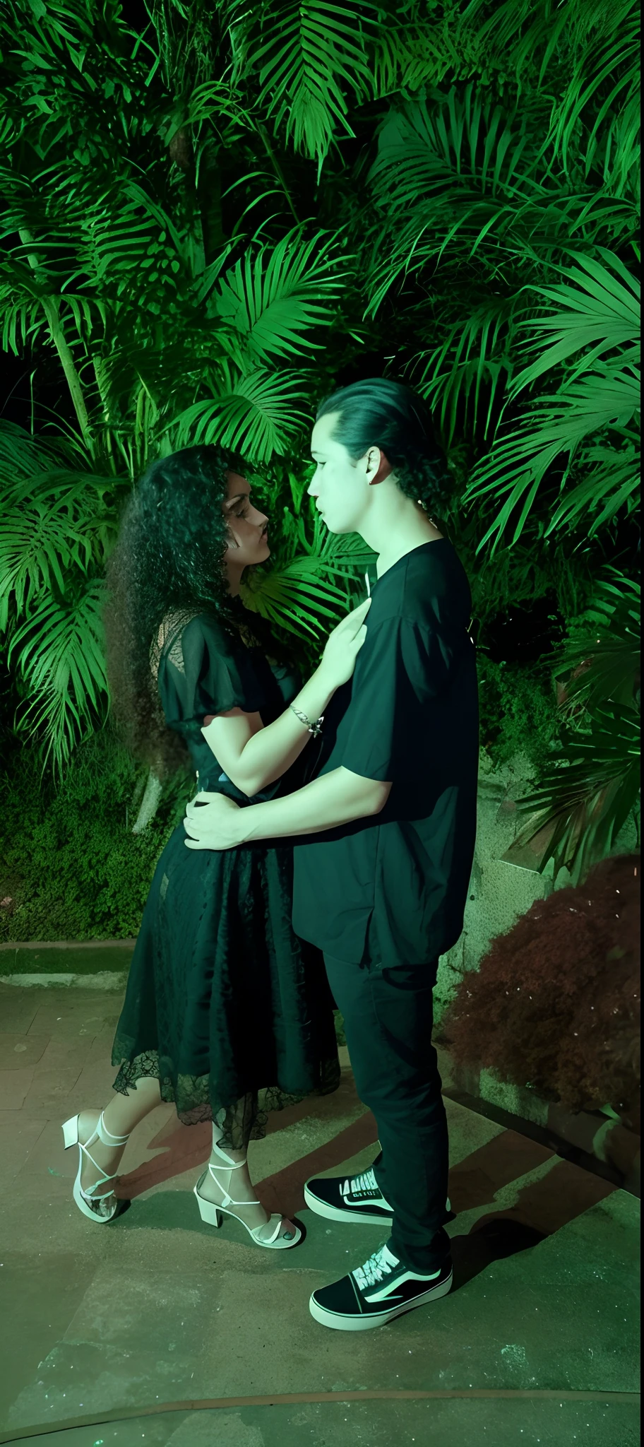 there are two people standing next to each other in the dark, still from a music video, music video, beautiful, in style of nan goldin, nigth, photoshoot, lush surroundings, profile image, they are in love, malika favre, couple, profile shot, karla ortiz, by Nele Zirnite, by Caro Niederer, nighttime