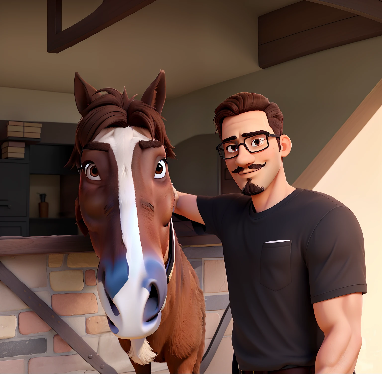 handsome man, 30s, brown hair, goatee and thin mustache, dark brown eyes, glasses, wearing a black t-shirt and hugging a brown horse with a white spot on its forehead