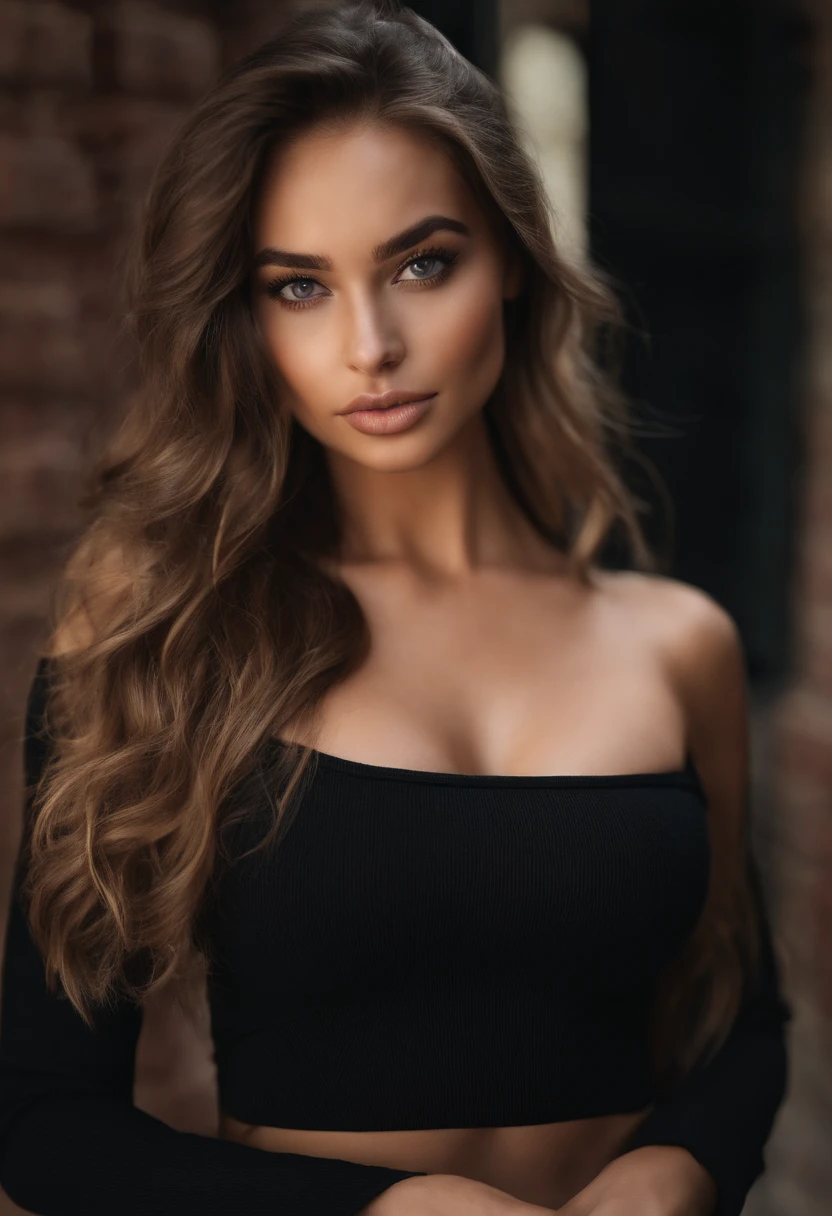 arafed woman with black clothes, sexy girl with brown eyes, portrait sophie mudd, brown hair and large eyes, selfie of a young woman, bedroom eyes, violet myers, without makeup, natural makeup, looking directly at the camera, face with artgram, subtle makeup, in the gym showing off her body