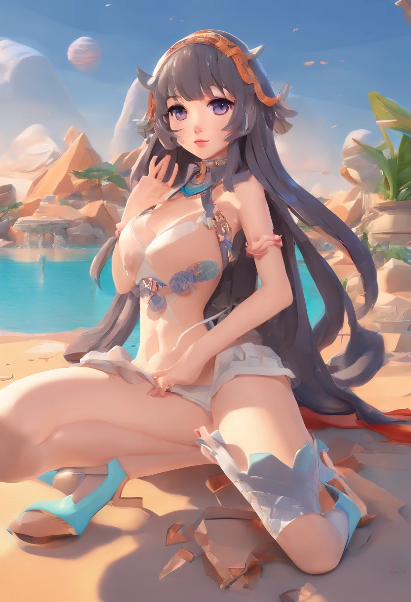 master part, High quality anime illustration, super detalhado, uma , foco solo, meninaa com orelhas de gato do cabelo prateado, Anime Loli, Loli delha dto, thigh emphasis, deus Bastet, Bathing in the desert oasis, Puro molhado