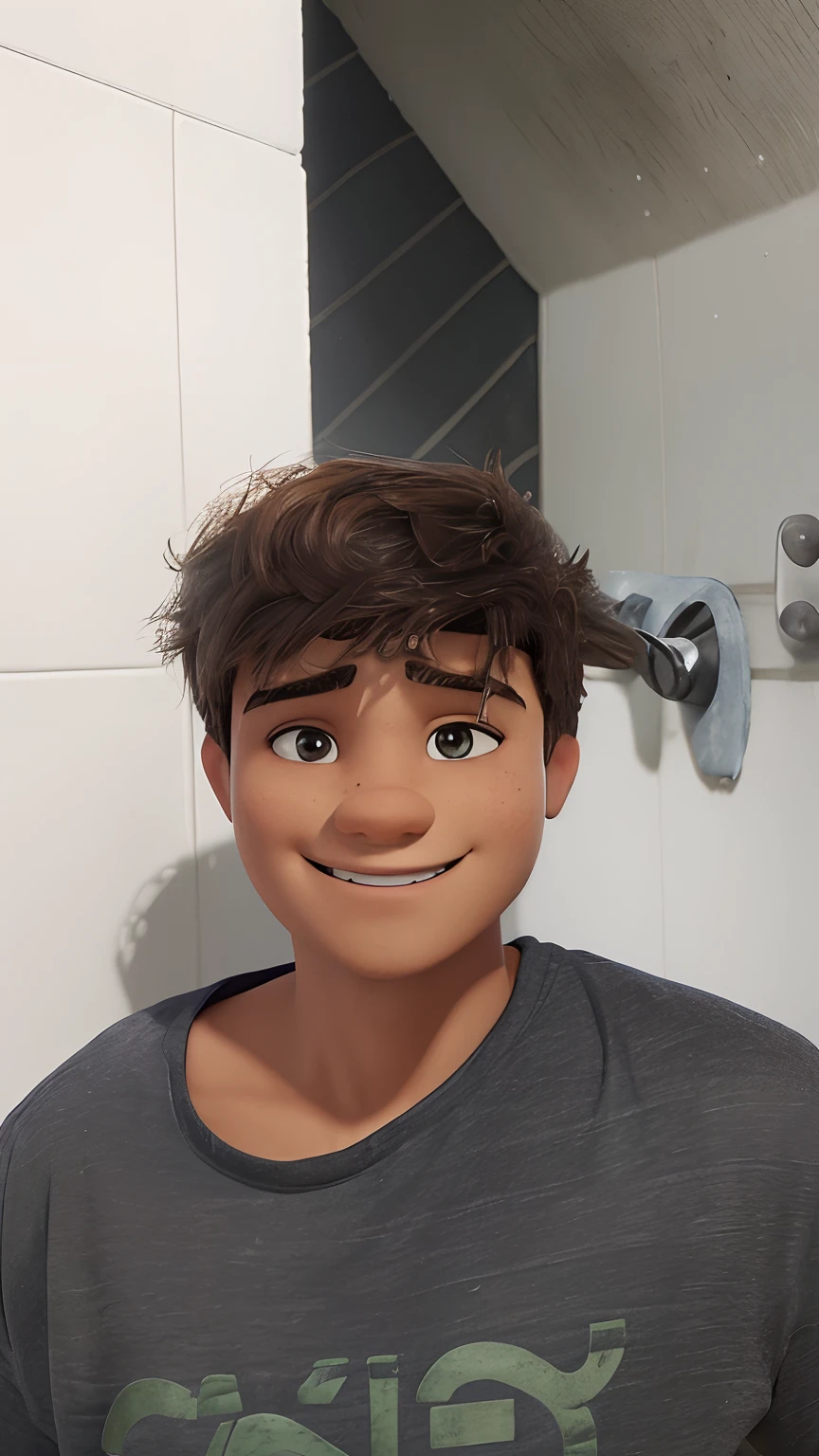 Garoto de , cabelos encaracolados curtos, olhos castanhos alinhados, sorrindo, camiseta cinza, ao fundo uma parede com azulejos brancos, alta qualidade de detalhes, Maximum quality, looking-into-camera