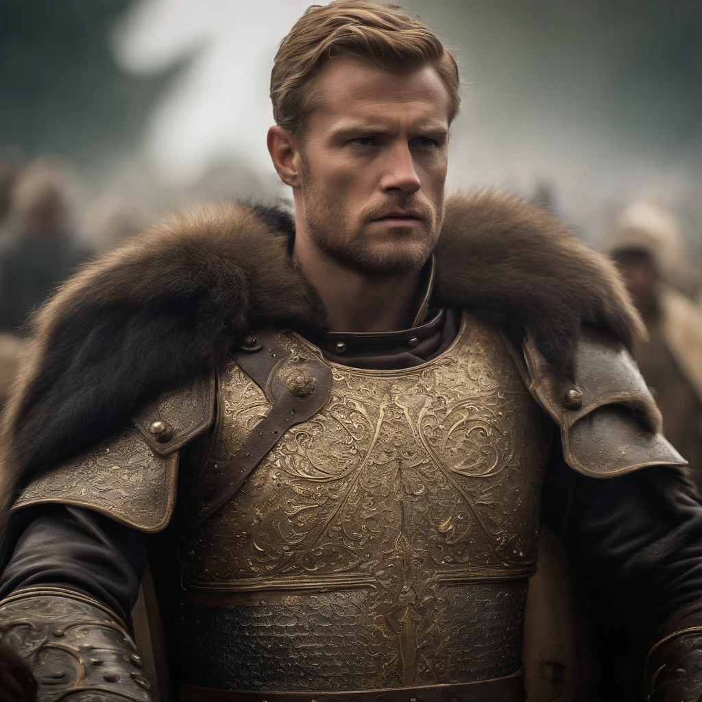 King of Arthur, strong and robust blond man, helmetless, highly ornate gold armor, hazy, stormy, 70mm, cinematic, highly detailed, standing, with the sword Excalibur, magical lights, magical aura, bright lights, high lighting