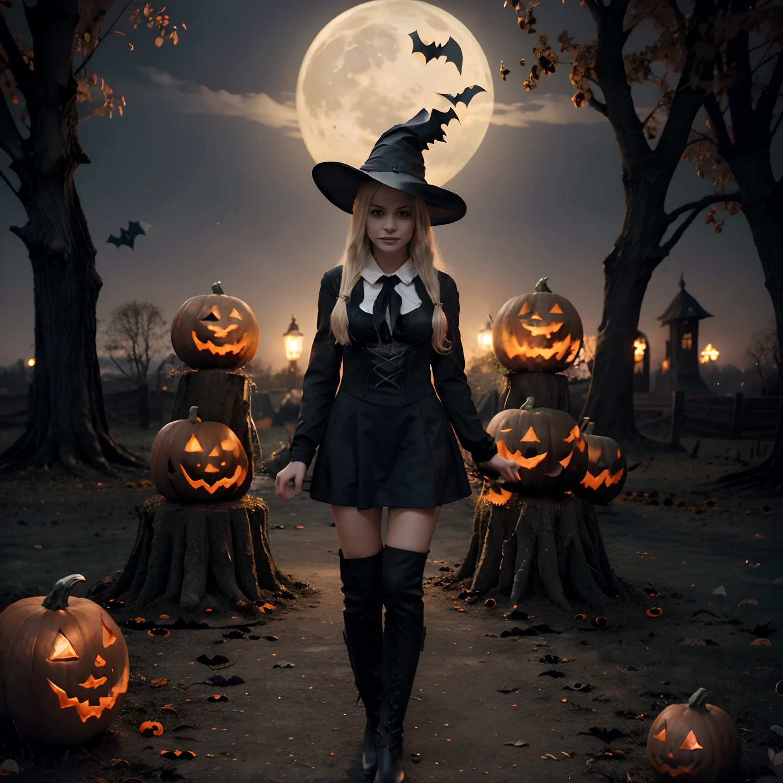 Emlouise, Posing for a photo long blonde hair, Hair to chest teenage girl looks very attractive with her blonde hair She feels like a little kid , bild sehr realistisch dargestellt: (Halloween-Thema:1.5), BRECHEN, A beautiful and powerful witch stands in the middle of a mysterious forest, which is filled with twinkling lights, magic circles in the air and mythical tree stumps at full moon, BRECHEN, 1girls, Zauberei, Magischer Kreis, Baum, Himmel, Stern (Himmel), Szenerie, nur, al fresco, Sternenhimmel, Nacht, Kleid, Gras, Mond, (roter Vollmond:1.3), schwarze Katze, Geist, Jack O'Lantern, ,tragend (Verschmelzung von Hexenkleid und Matrosenuniform:1.3), (Roter Faltenrock:1.3), (black legwear:1.3), (schwarze Stiefel:1.3), (Tragen einer Brille:1.3),