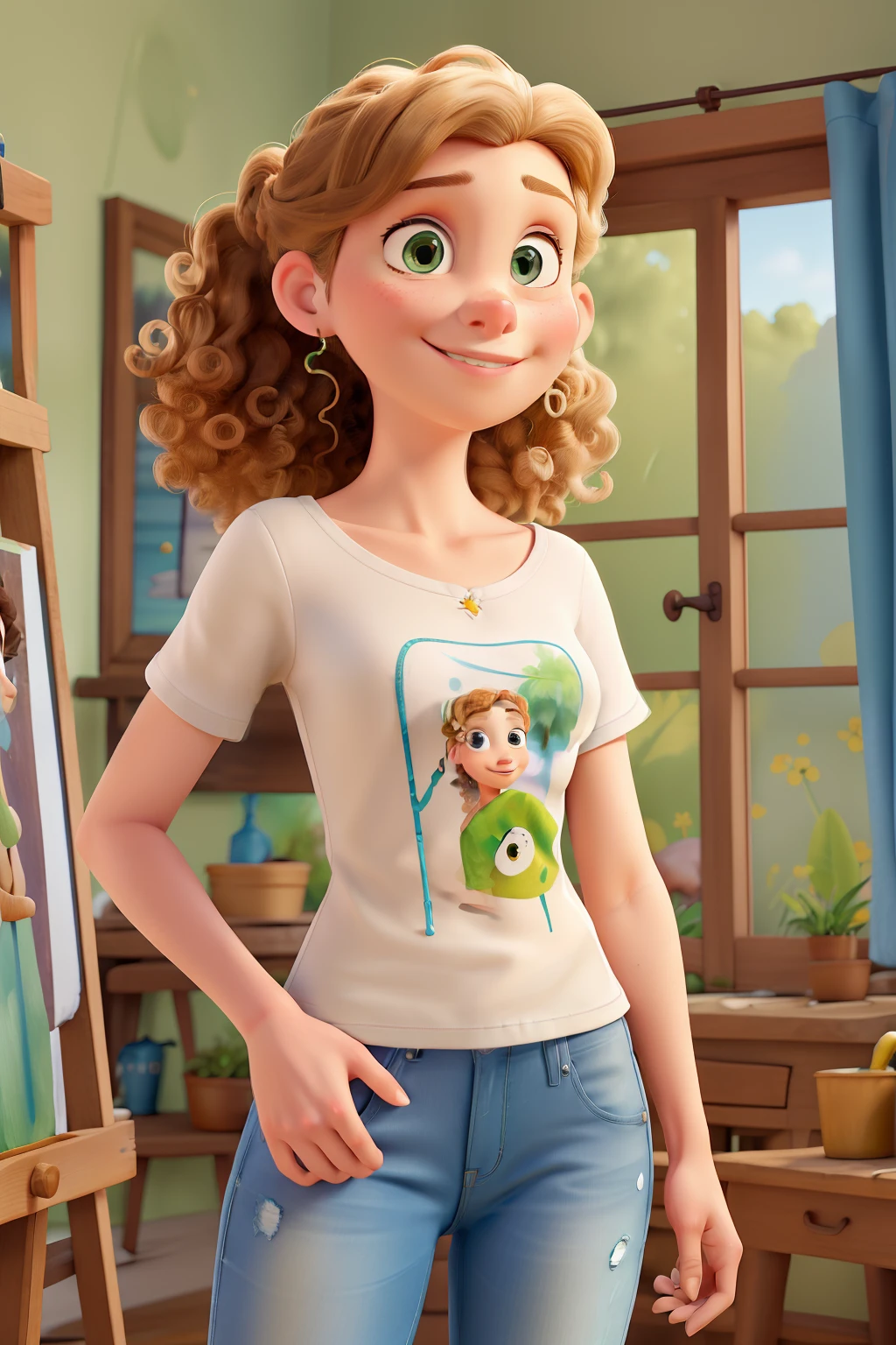 Desenho estilo Disney Pixar, A young white woman who is a painter, with greenish caramel eyes and curly blond hair up to her shoulders, com um pincel e uma jardineira jeans e uma blusa listrada branca e preta de manga curta, A painting brush in hand pointing forward and a colored background with drops of paint