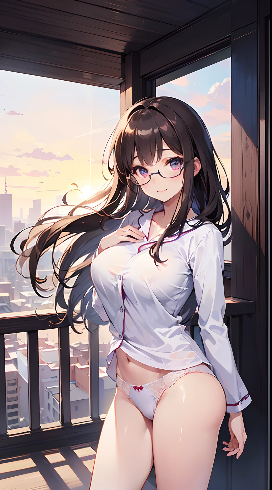 ((masterpiece)), ((best quality)), (ultra-detailed), ((kawaii)), cute, (lovely), ((sexy)), (ero), ((extremely detailed)), 4K, (8K), best quality, (beautiful), anime style, realistic, real, ((cowboy shot)), focus on the face, full body focus, ((on the balcony:1.2)), morning, sunrise, a cute girl, 1girl, solo, pajama, beautiful dark brown hair, beautiful purple eyes, ((beautiful eyes with highlights 1.5)), white-skinned, long hair, buttocks, large breast, wearing underpants, glasses, smile, lens flare, wind effect, shiny-glistening, gleaming, reflection effect