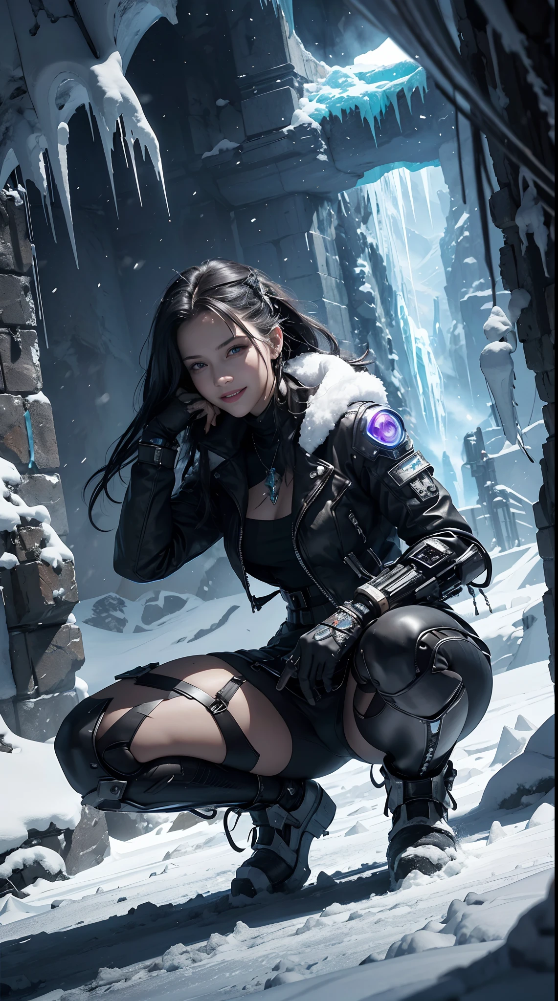 Cyberpunk, mechanical, broken, there is a picture of a very large iceberg, cyberpunk, mechanical, broken, with a lot of snow, dungeon background, icicle background, arena background, game background, dark dark cave background,a female warrior squatting down,((smile:1))