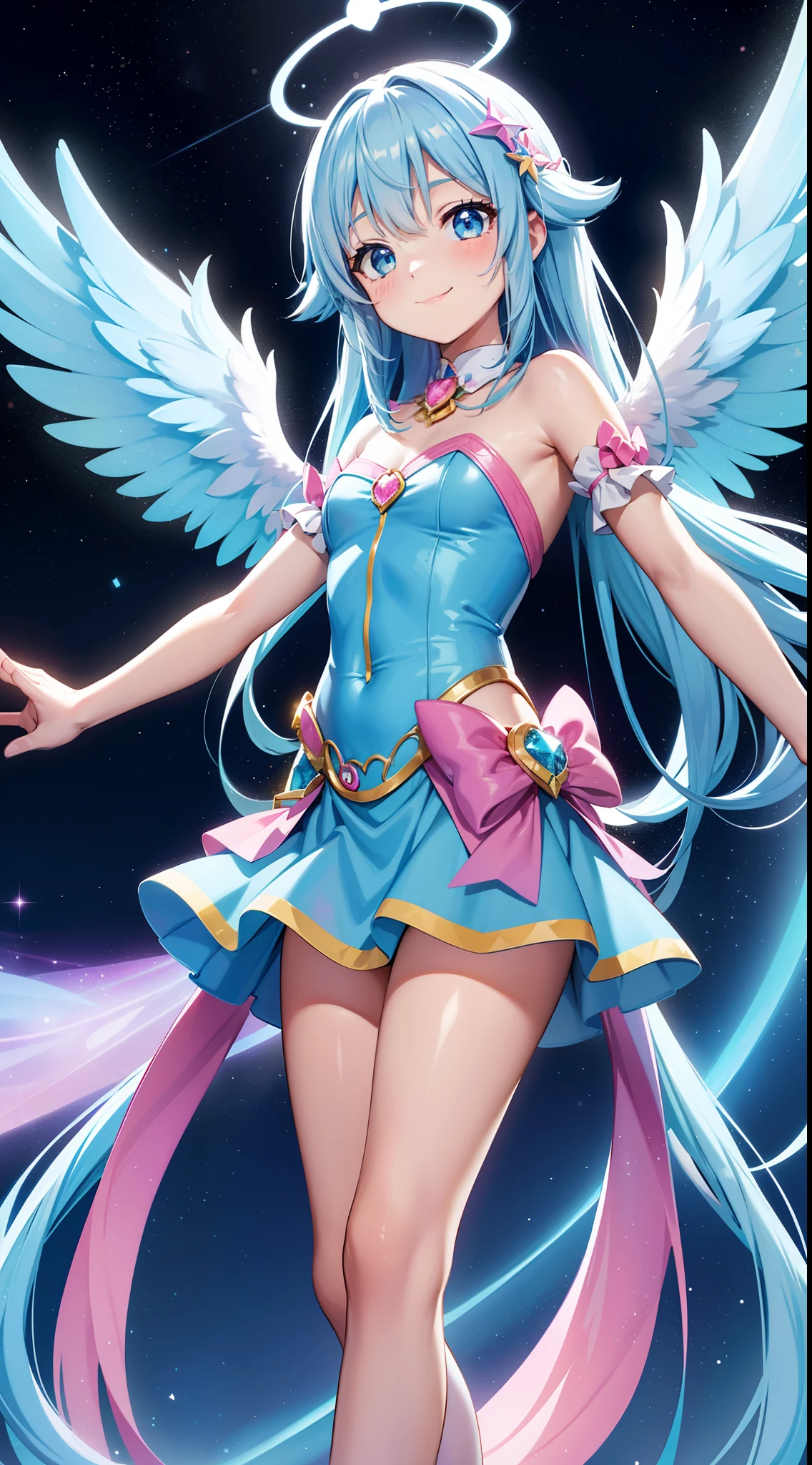 Super Idol girl adorable smiling sky blue hair length hair Twin-tailed Glittery bright pink and white and blue and yellow leotards facing front 7 colors of angel large wings on the back Mystical Fantasia constellation a moon Crystal Brilliance Aurora Borealis in the Night Sky