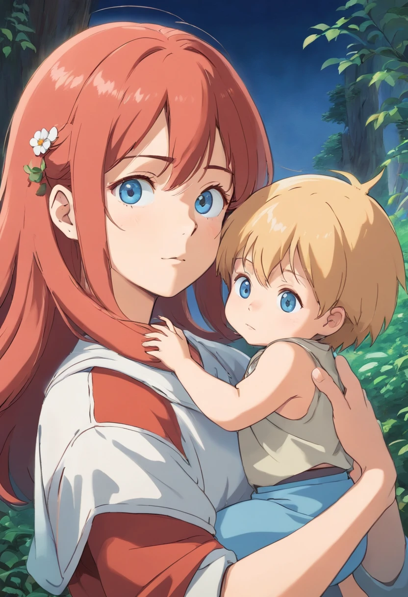 Shoulder-length light red hair woman with light brown eyes holding a blonde boy with blue eyes