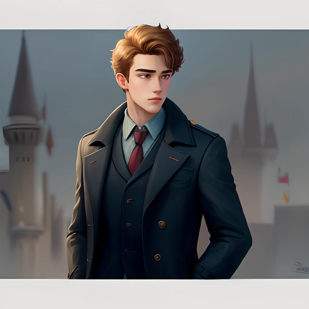 A Disney pixar style drawing. The character is a young man who wears a coat and overcoat and has a shoulder pad on the right side.