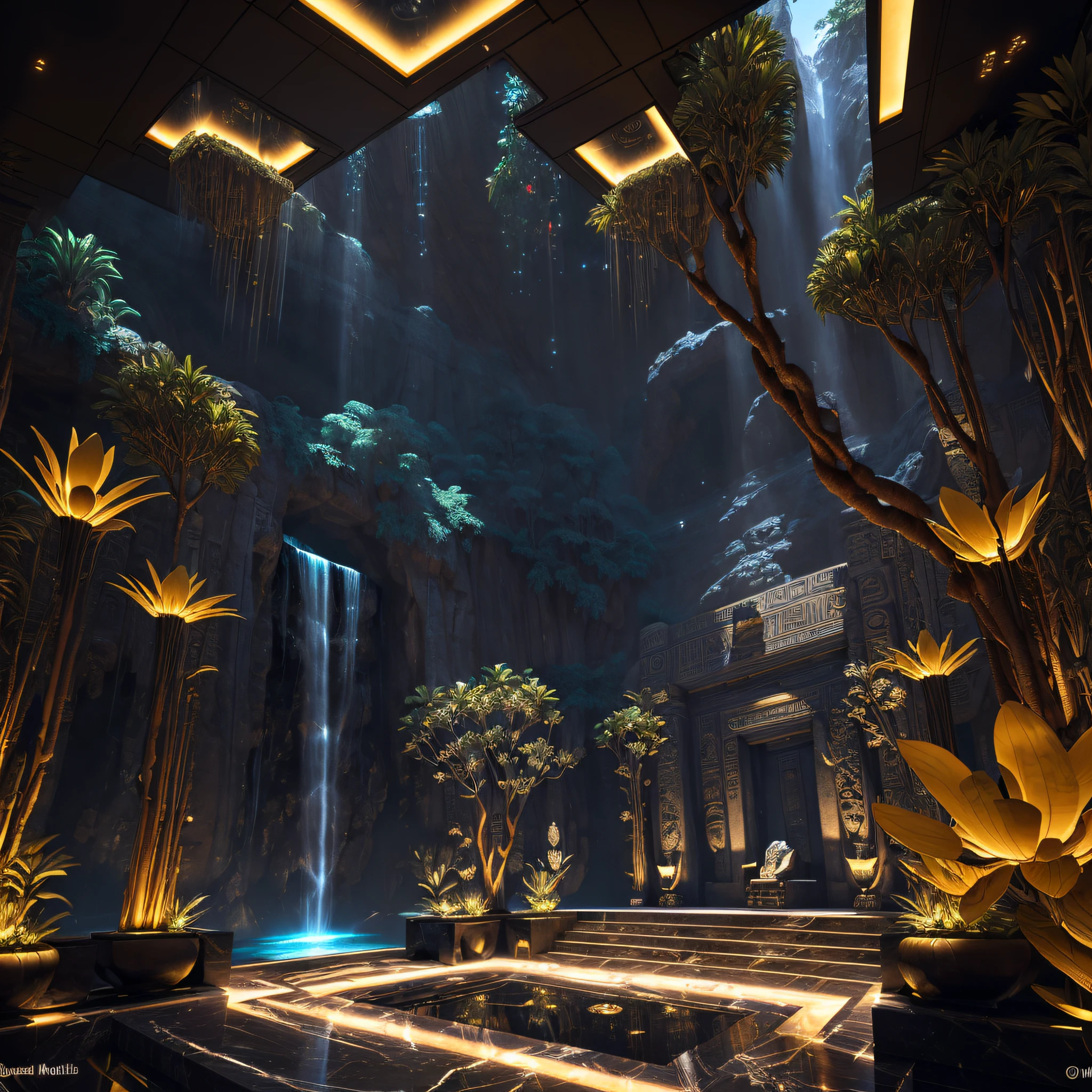 incredible black luxurious futuristic interior in Ancient Egyptian style with many ((lush plants)) (lotus flowers), ((palm trees)), rocky walls, (sand), ((waterfalls)) (marble), ((precious minerals)), ((metals)), (gemstones), crystals, clouds and (water), crocodiles, (hieroglyphics), (((ultra luxury))), (black marble) – with ((beautiful lights)), Cherry blossoms, Unreal Engine, HQ, 16k