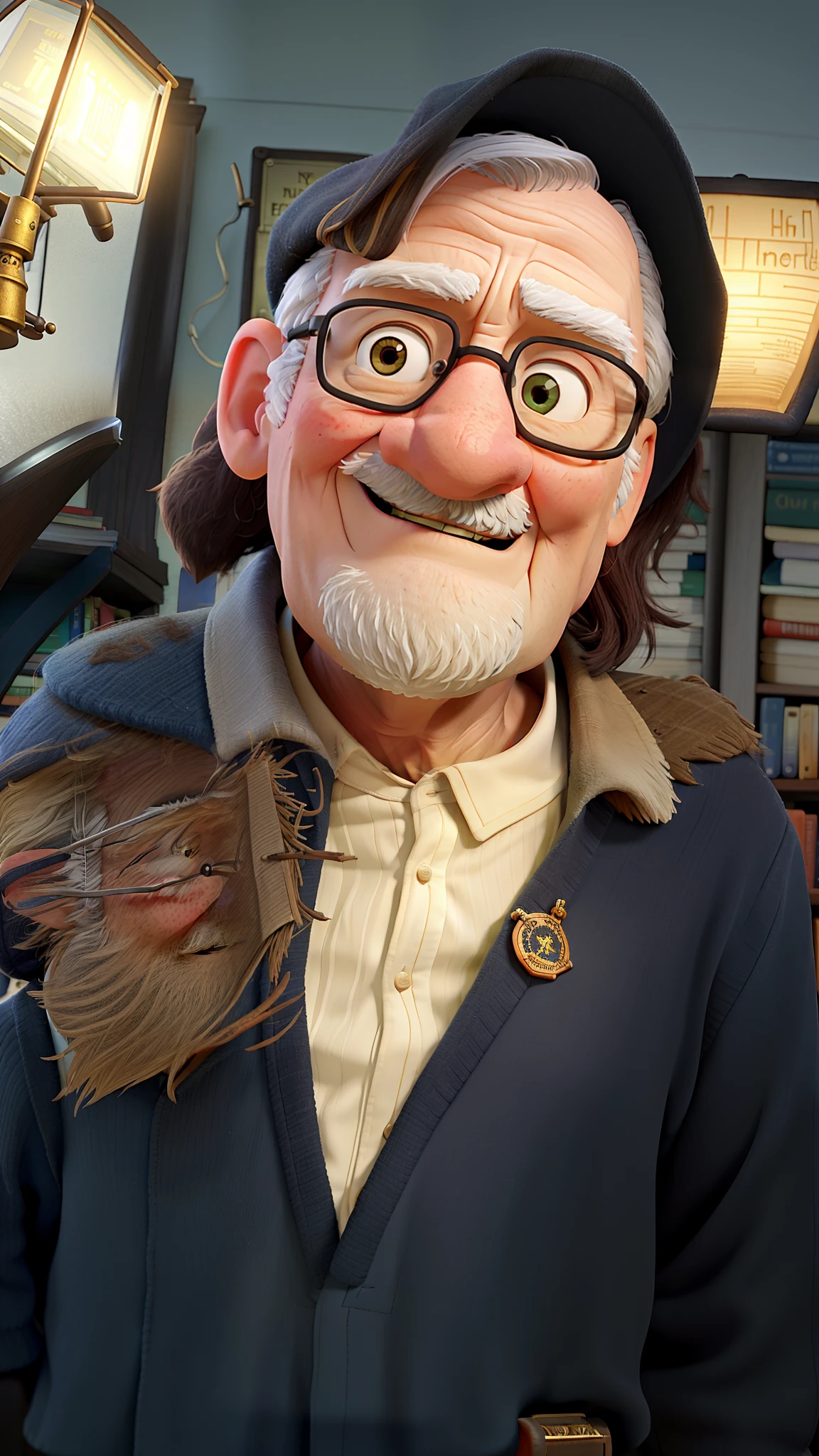 A wise old man standing in front, illuminated by the light of a lamp, against the backdrop of a library