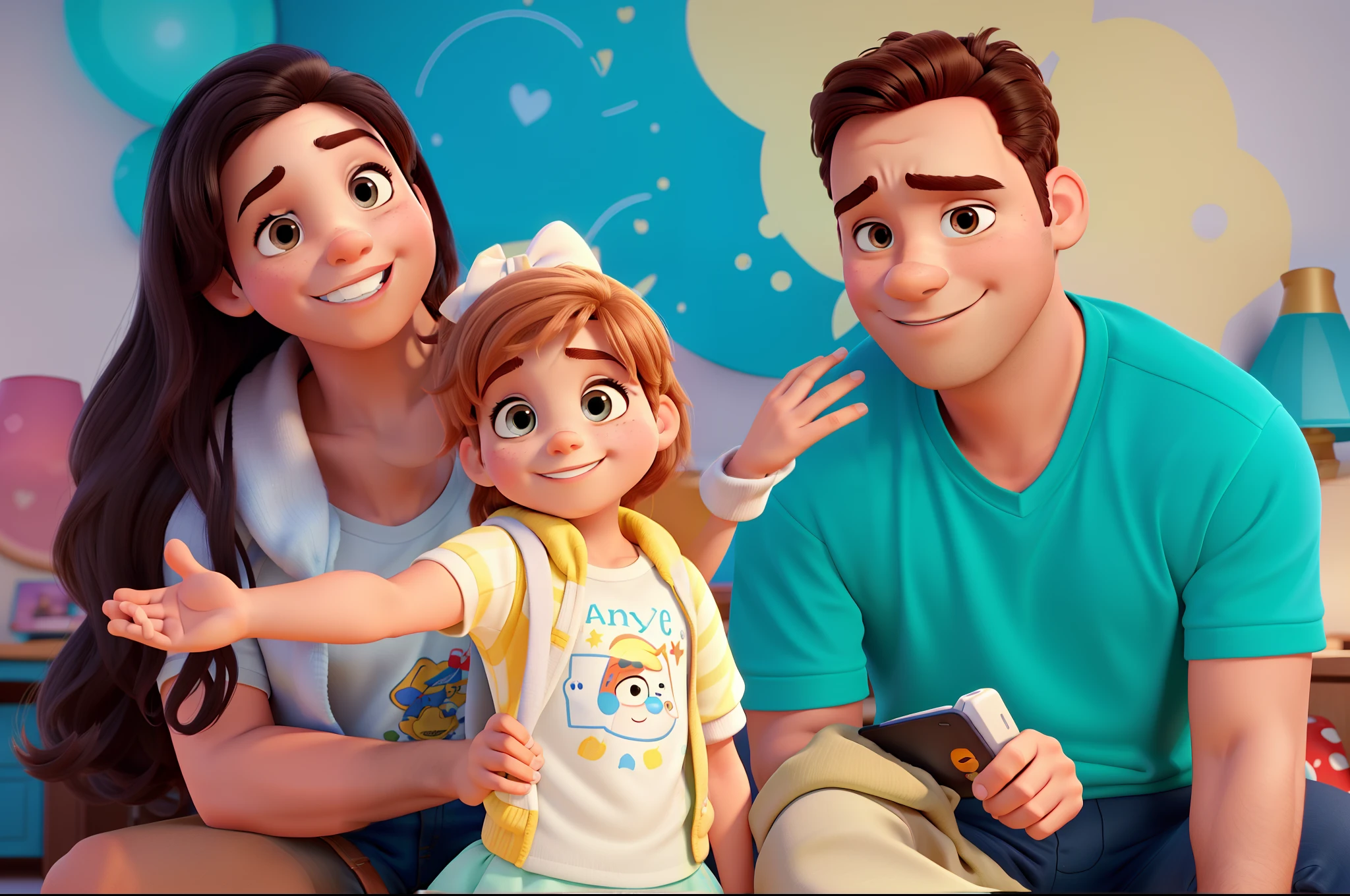 Um homem, A child and a woman in the style of Disney Pixar, alta qualidade, melhor qualidade