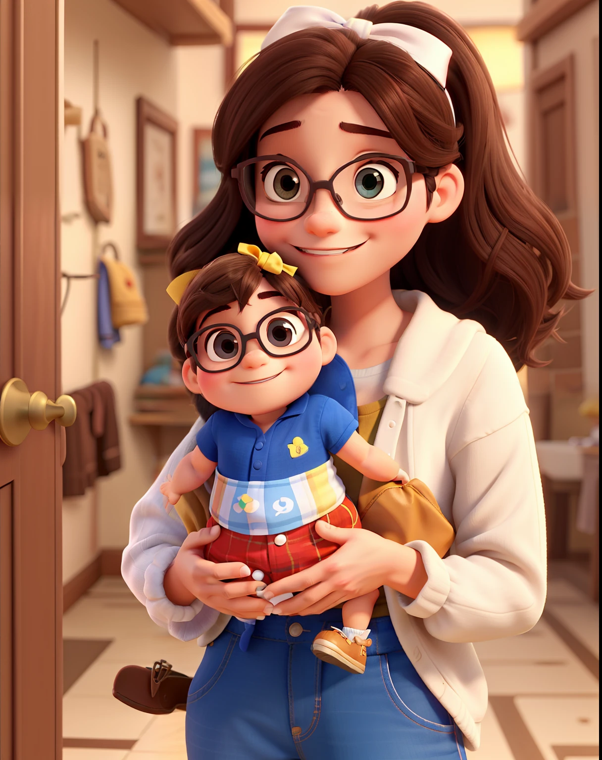 A brunette father with glasses with a thin beard on the right looking ahead and smiling, A mother without glasses, de cabelos curtos e pretos curtos, olhando para o frete e sorrindo, Ambos segurando uma menina deitada no meio, The has a ribbon with a white bow on his head, Estilo Disney Pixar, melhor qualidade
