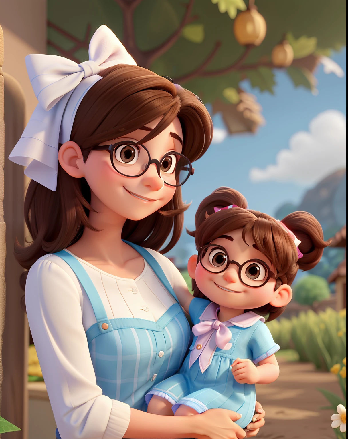 A brunette father with glasses with a thin beard on the right looking ahead and smiling, A mother without glasses, de cabelos curtos e pretos curtos, olhando para o frete e sorrindo, Ambos segurando uma menina deitada no meio, The has a ribbon with a white bow on his head, Estilo Disney Pixar, melhor qualidade
