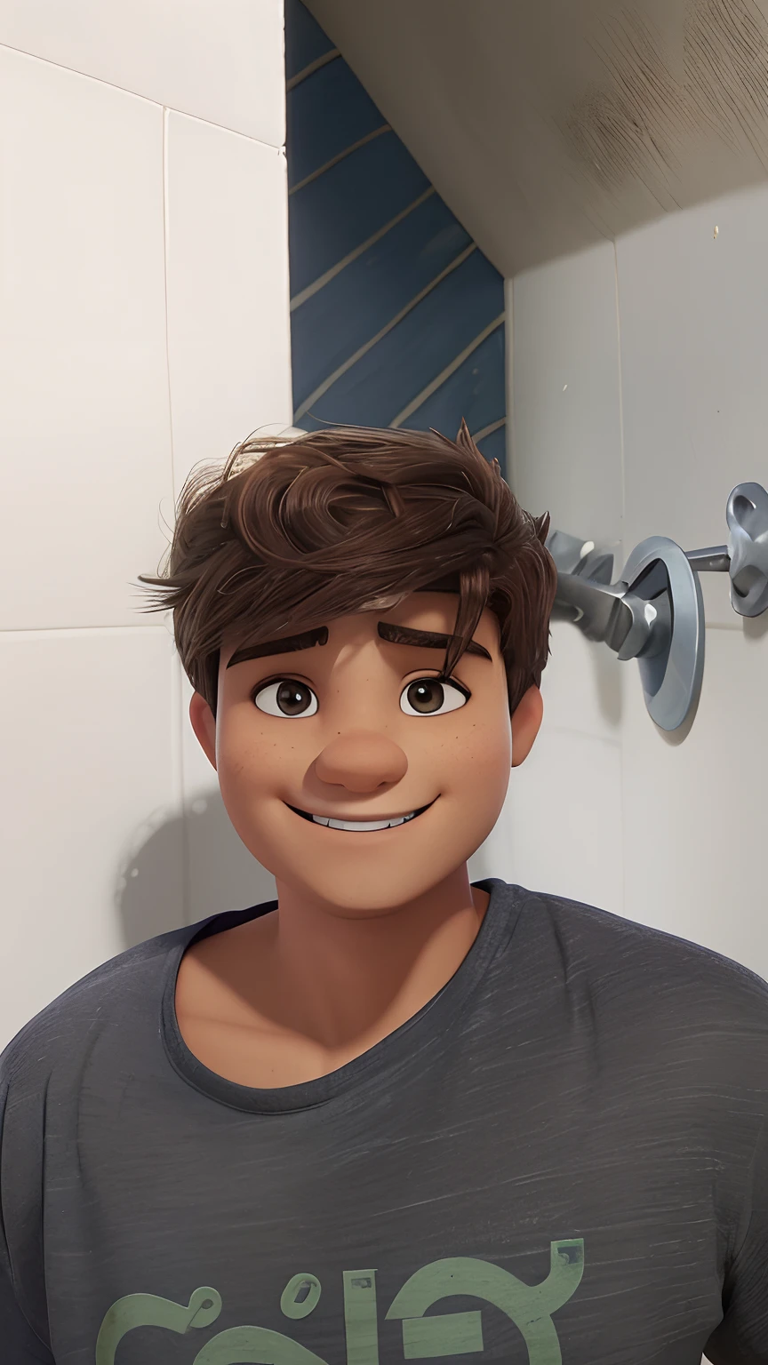 Garoto de 12 anos, cabelos encaracolados curtos, crespos com cachos, olhos castanhos alinhados, sorrindo, camiseta cinza, ao fundo uma parede com azulejos brancos, alta qualidade de detalhes, Maximum quality, looking-into-camera