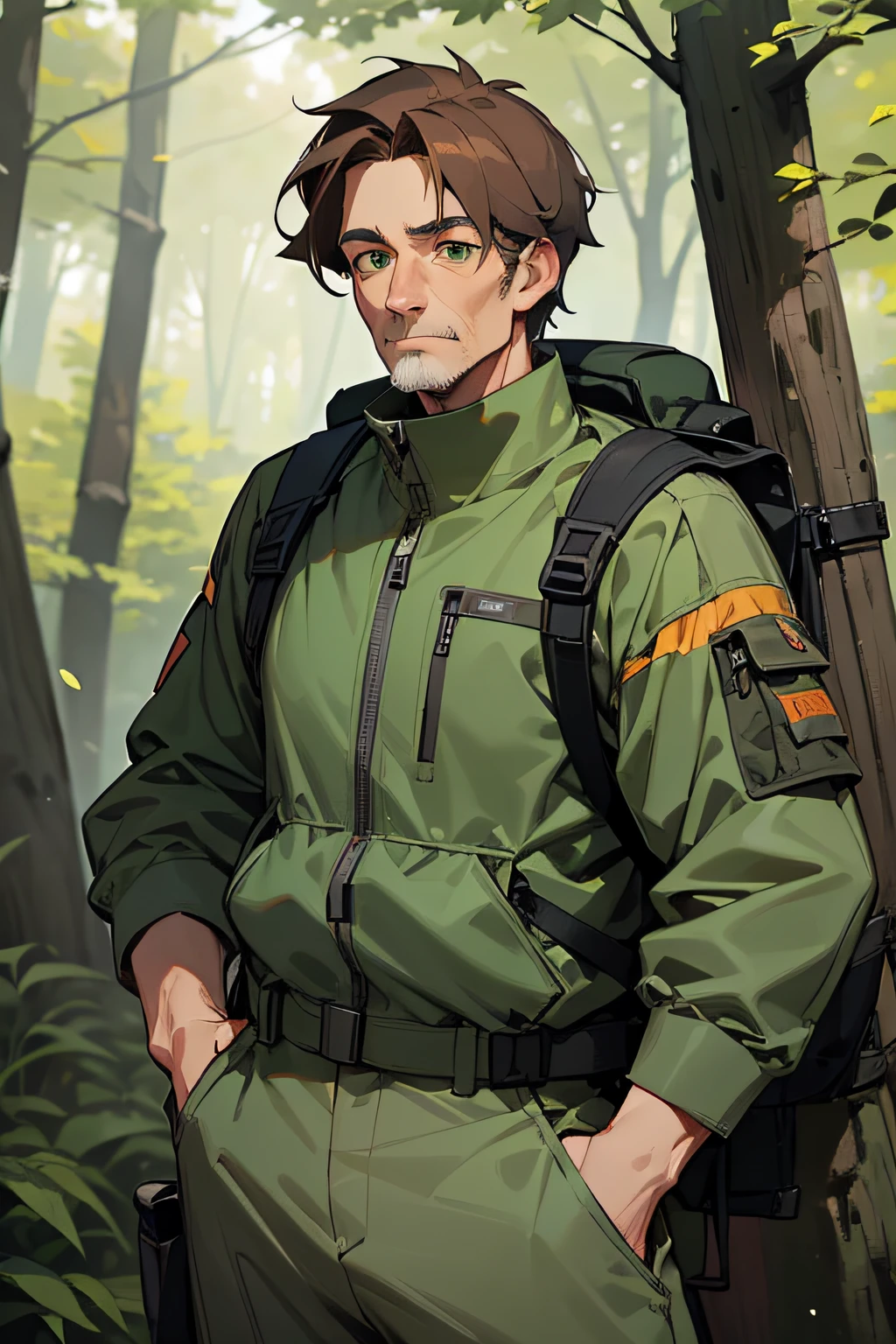 aging man with brown hair that has grey streaks and green eyes wearing hiking pack, hiking pants, and fleece sweater, artstation style, deviantart, in the woods during spring, Tumblr art style