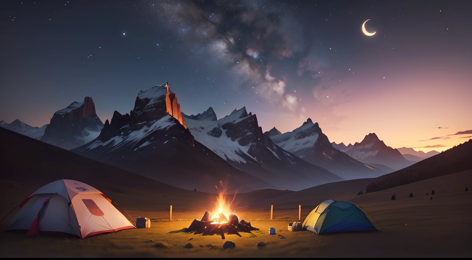 high-resolution photo、Beautiful plateau among the mountains、A beautiful crescent moon is out、Meadow at night、Campsites in the meadow、The tent is visible、Moonlit Night、serene ambiance。Small bonfire、Camping Chair、Nobody is there。