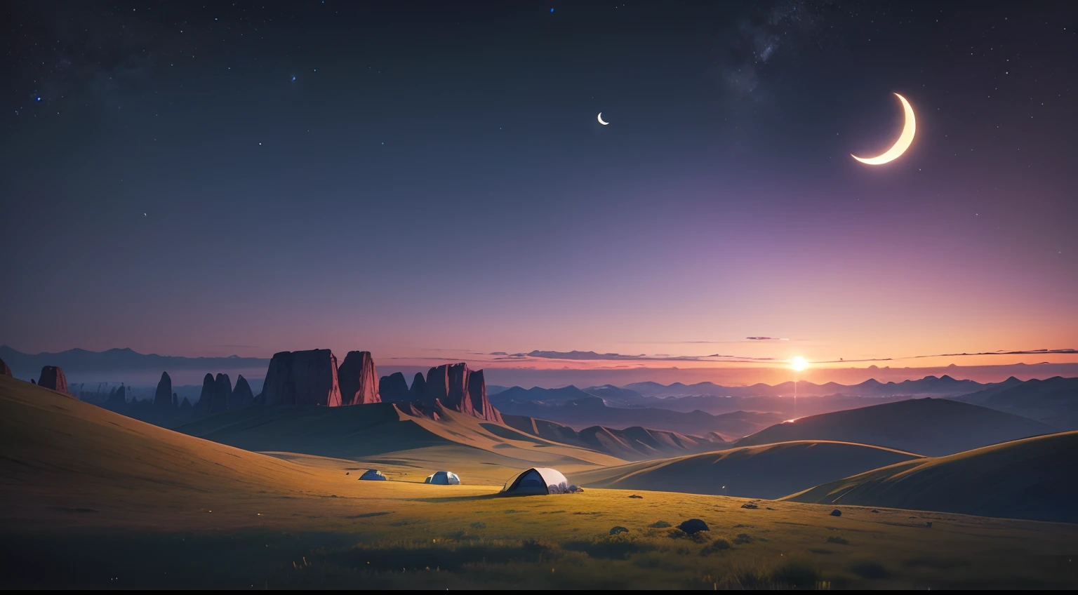 high-resolution photo、Beautiful plateau、A beautiful crescent moon is out、Meadow at night、Campsites in the meadow、The tent is visible、Nobody is there、Moonlit Night、serene ambiance。