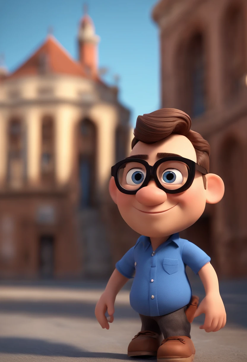 Cartoon character of a man wearing black glasses and a blue shirt, um personagem animado, Caractere estilizado, animation style rendering, 3D estilizado, Arnold Maya render, 3 d render stylized, toon render keyshot, Personagem 3D, Personagem 3D, 3d rendering stylized, 3 d character render, personagem de desenho animado, Personagem de close up, Pose de personagem, (Estilo Pixar) (master part:1.2) (Bokeh) (best quality) (pele detalhada) (textura detalhada) (8k) (argila) (Cinematic lighting) (foco nítido,Senta e vaza a parte superior do corpo