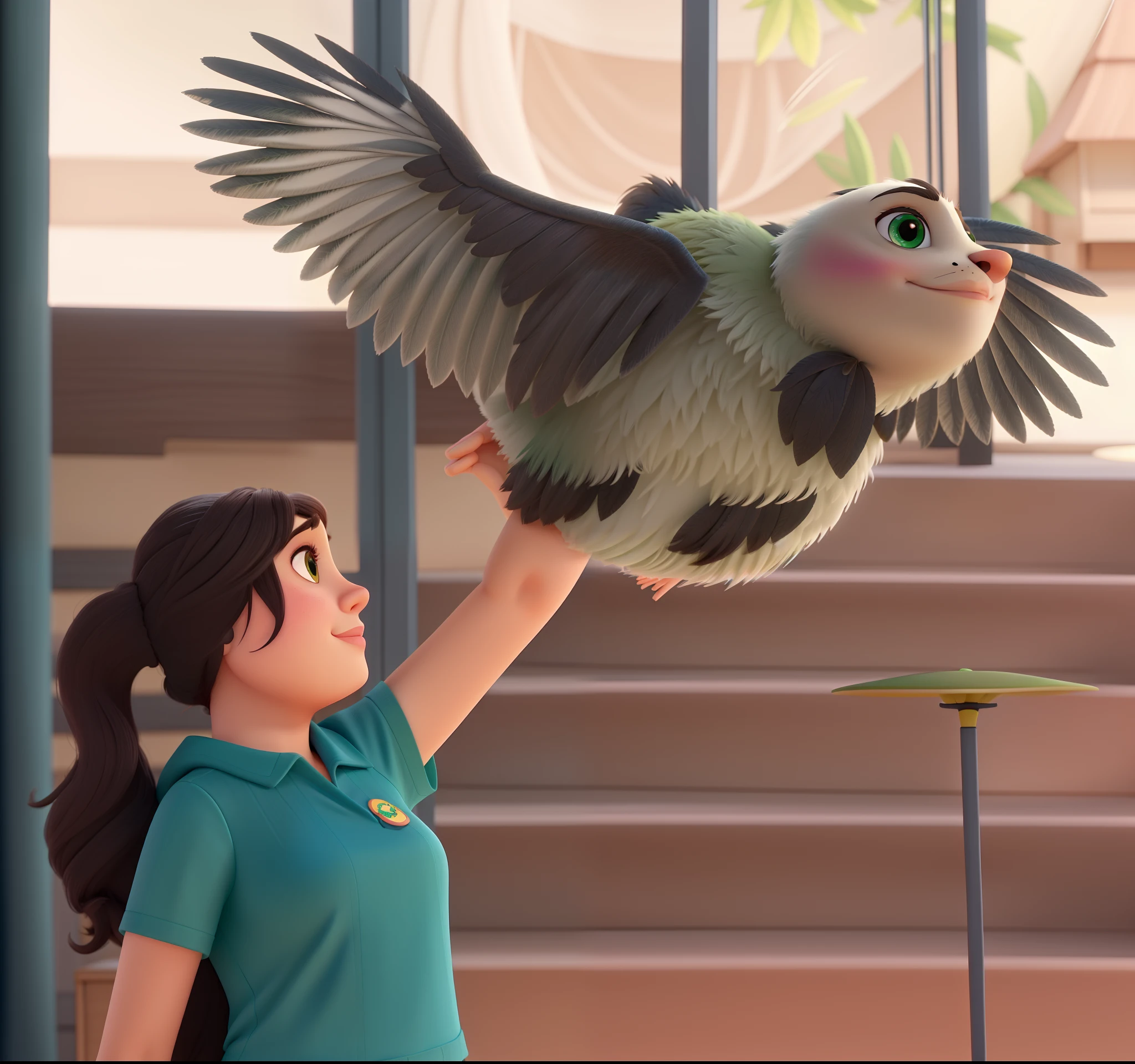 Uma mulher segurando uma aguia estilo disney pixar, alta qualidade, melhor qualidade