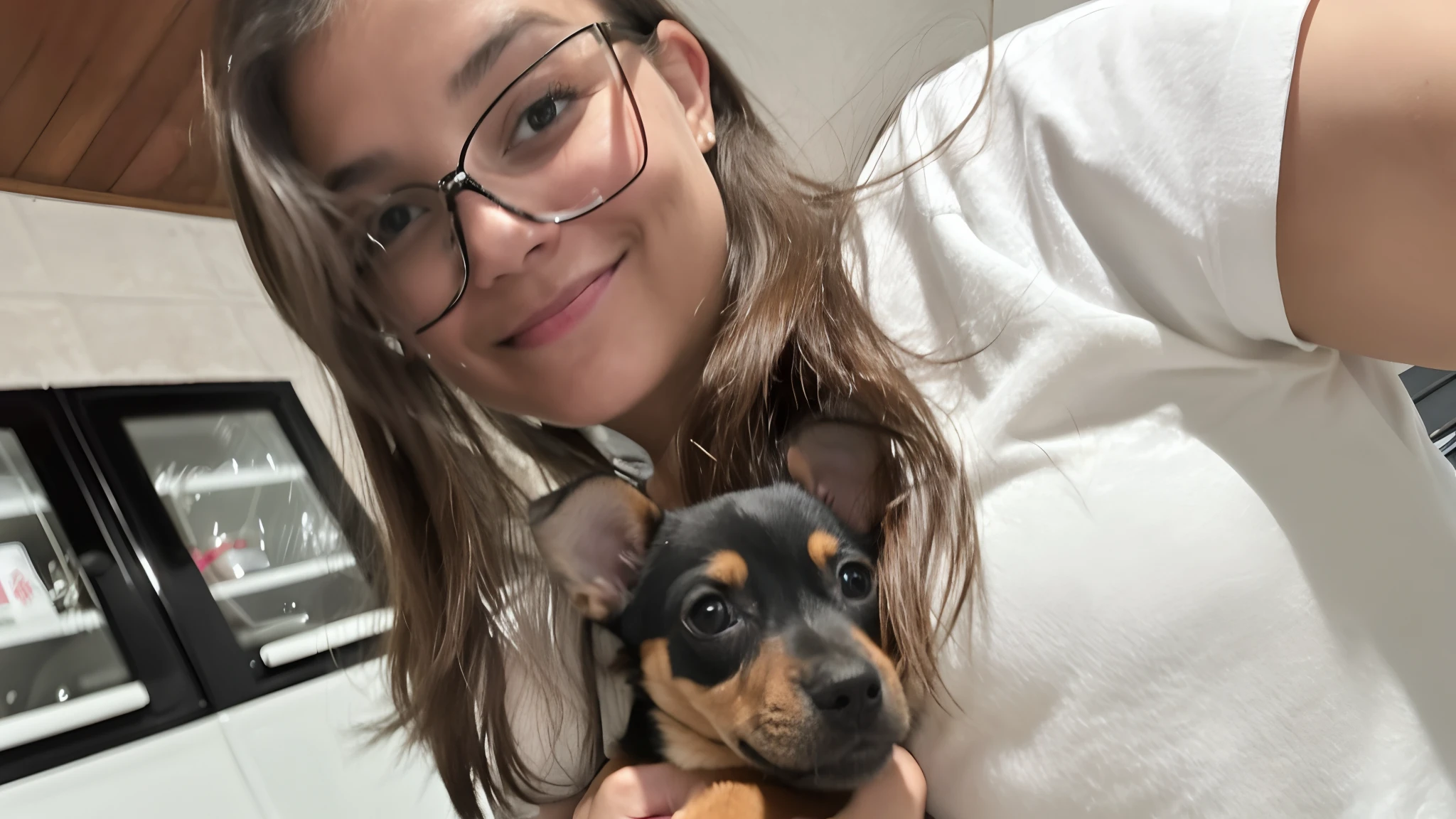 there is a woman holding a small dog in her arms, segurando seu filhote de Pinsher, holding it out to the camera, muito bobo olhando, foto do perfil, Looking towards the camera, non blurry, happily smiling at the camera, extremamente fofo, Very detailed!