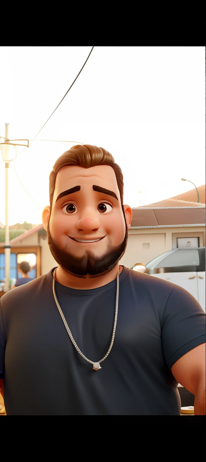Um gordinho de cabelo cortado em volta de uma cadeira de barbeiroaltura de 1,70, illuminated by the light of a lamp, contra o pano de fundo de uma barbearia