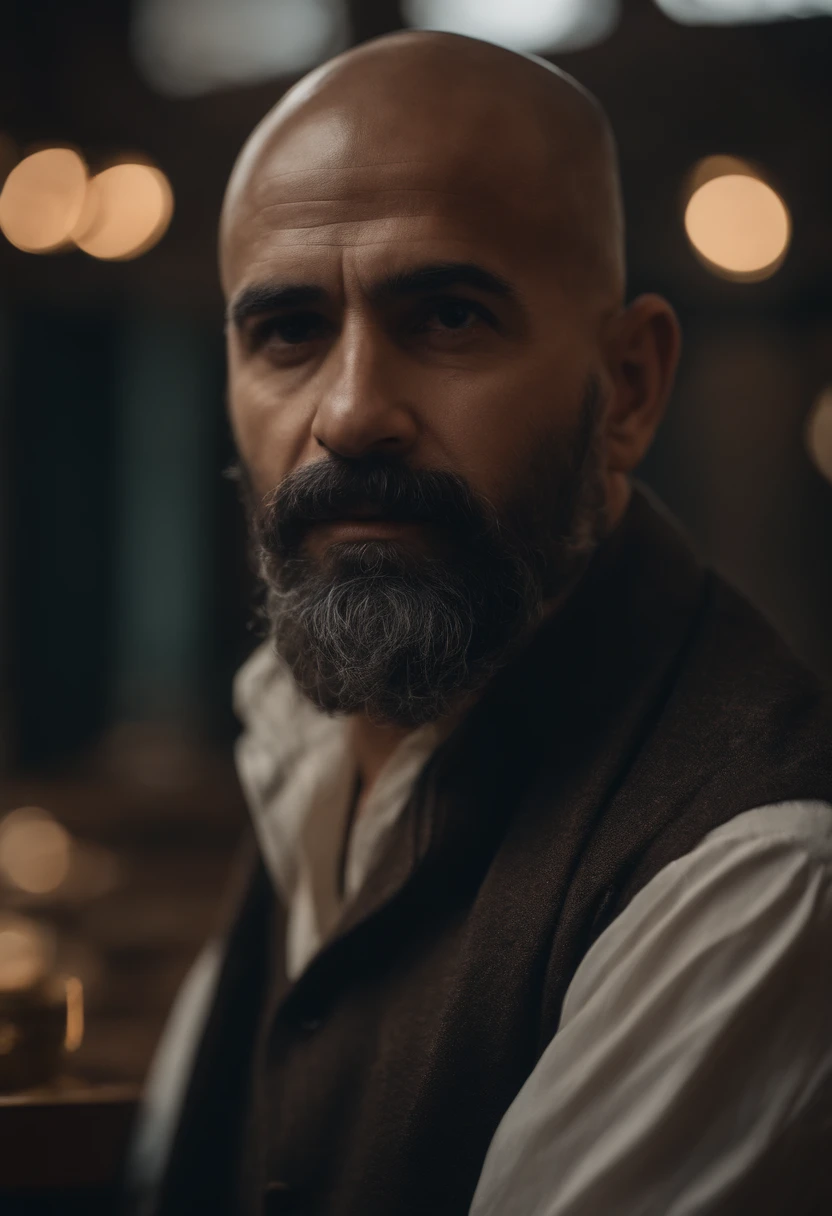 Retrato de um pai, shaved head, barba grisalha