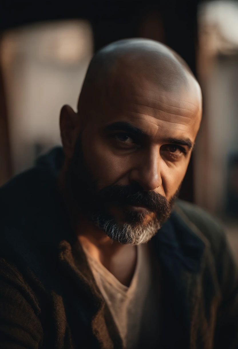 Retrato de um pai, shaved head, barba grisalha