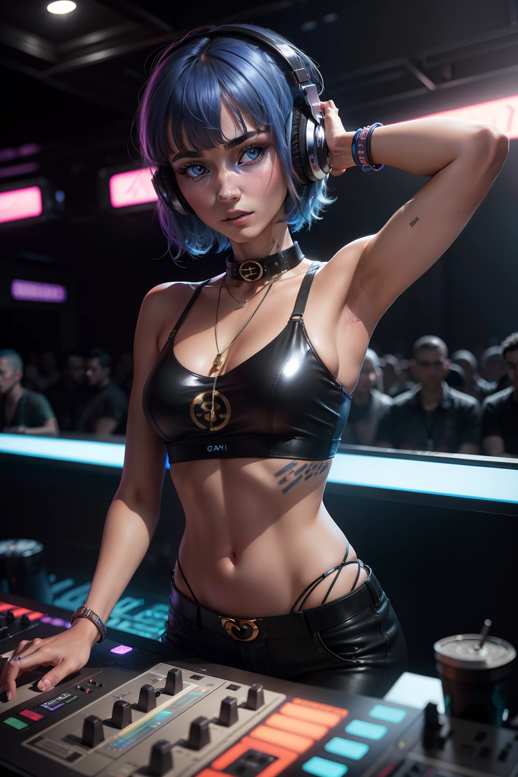 Best quality, Masterpiece, Ultra High resolution, native photo, Professional, photography, color photography, 1 girl, disco bar, girl with headphones, Djing in bar, upper body, female DJ, Looking at the crowd, DJ, DJ machine, DJ machine, Stage lights, (buzz cut:1.1), Happy, dynamic, Gucci, Versace, cool, collar, view, (rachel cook: 1.2), blue hair, colored light, skinny, slim