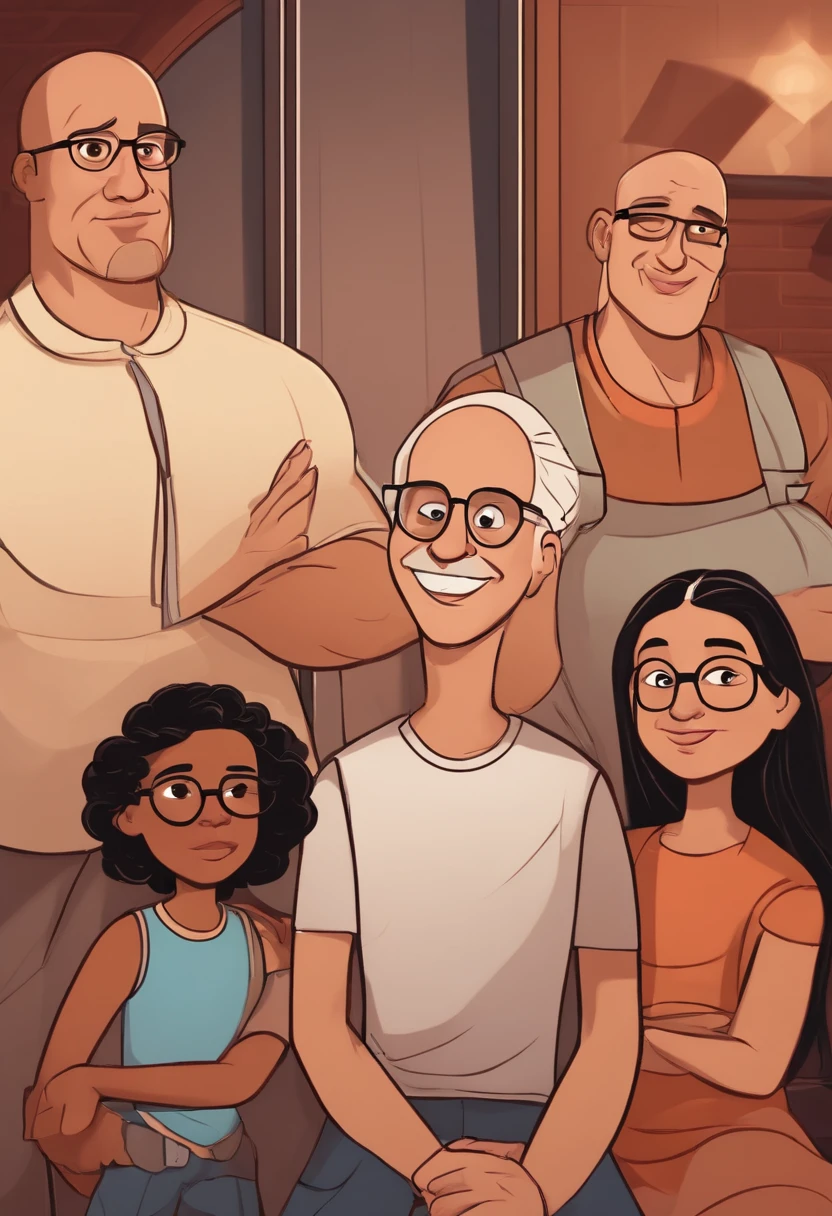 Cartoon character of a family with 4 people, the father is bald, wears glasses and has a goatee, a white woman with brown eyes and long black hair, a ager with straight blonde hair and brown eyes, a teenboy with curly brown hair, glasses and wearing basketball clothes