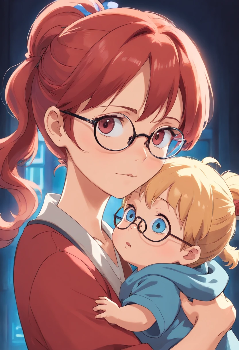 Short light red haired woman tied in a ponytail with brown eyes and glasses holding a blonde  with blue eyes