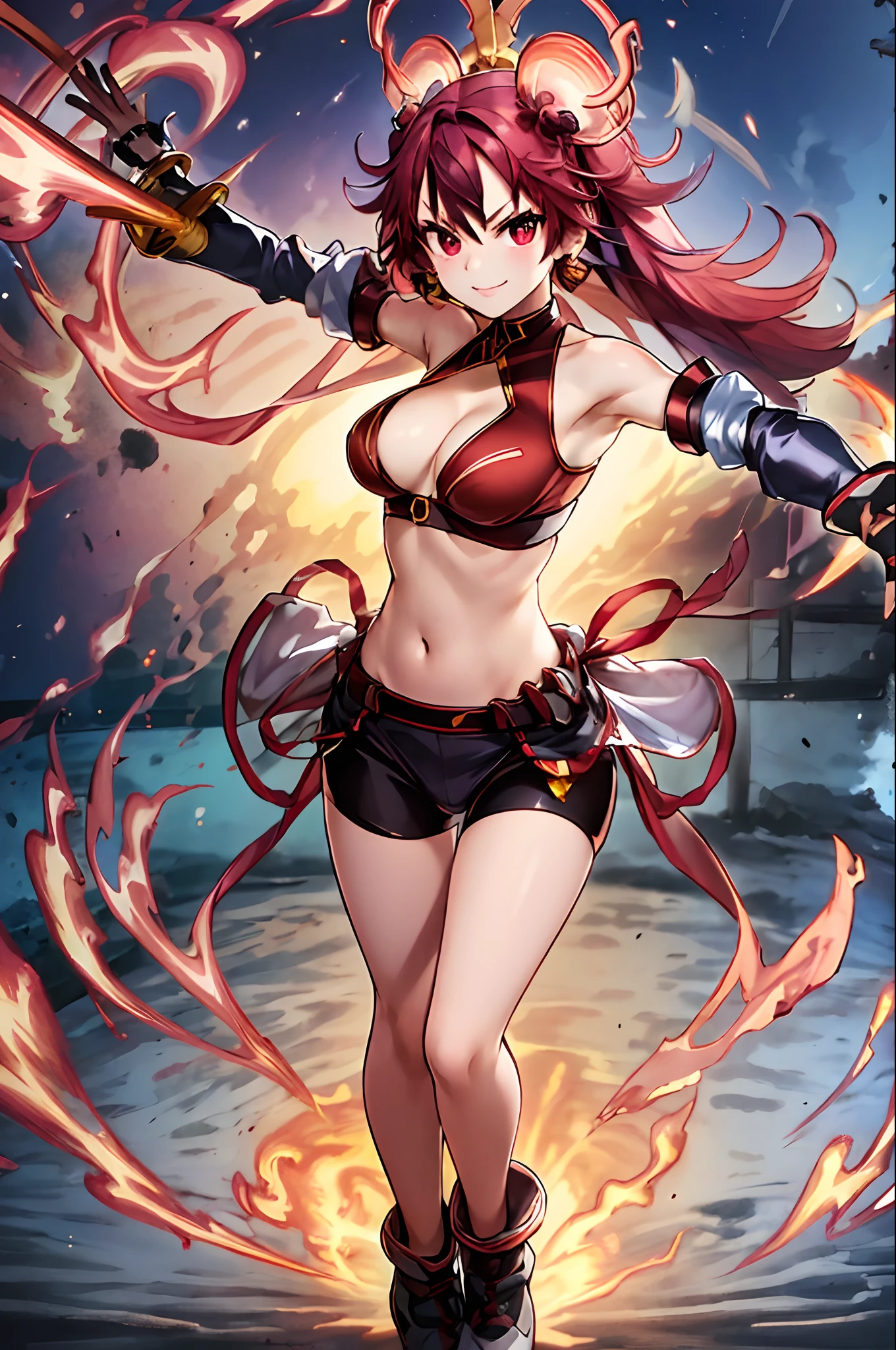 ((masterpiece)),((best quality)),ultra-detailed,illustratio,Explicit,Beautiful body,Beautiful Nose,Beautiful character design,perfect eyes,perfect face,wallpaper,ultra highres,4K,photography,(Beautiful,normal breasts:1.2),(beautiful face:1.2),cinematic lighting,soft lights,beautiful legs,perfect legs,shiny skin,official style,official art,sanime screencap,anime coloring,outdoor,courtyard,Trees,Flowers, plants,
1girl, solo, weapon, navel, red eyes, sword, holding, purple hair, midriff, holding weapon, looking at viewer, holding sword, detached sleeves, bike shorts, skirt, full body, hair ornament, red hair, bell, black shorts, socks, shorts, v-shaped eyebrows, fingerless gloves, multicolored hair, gloves, closed mouth, bare shoulders, smile, burning house behind