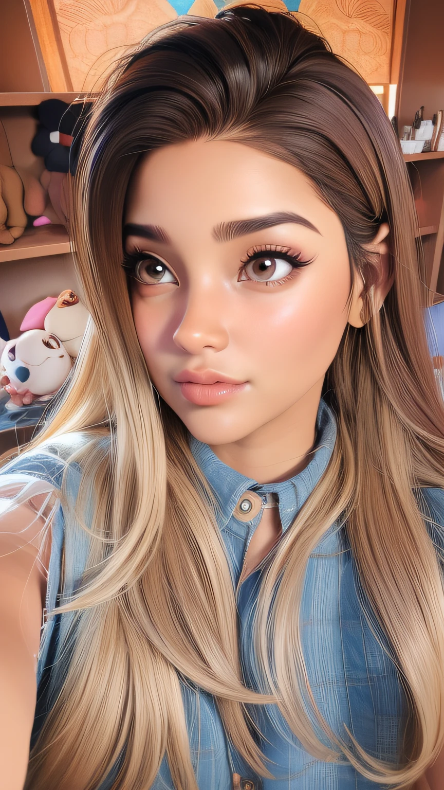 master part, best quality, , olhos castanhos, pele morena, brown hair, cabelos ondulados, long hair, Brincos, jewelries, Camisa comprida, fundo simples, sozinho, parte superior do corpo, estilo Disney Pixar