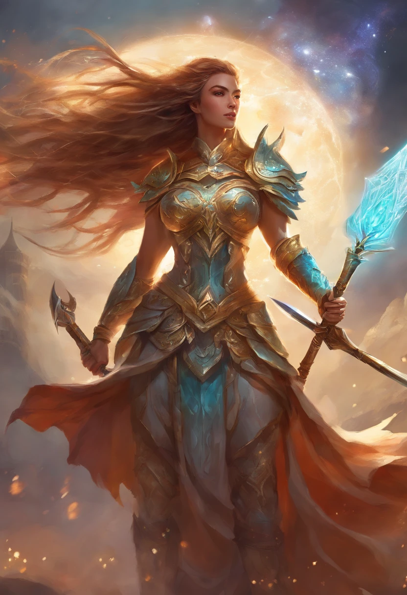 Epic warrior character with intricate weapons and magic power