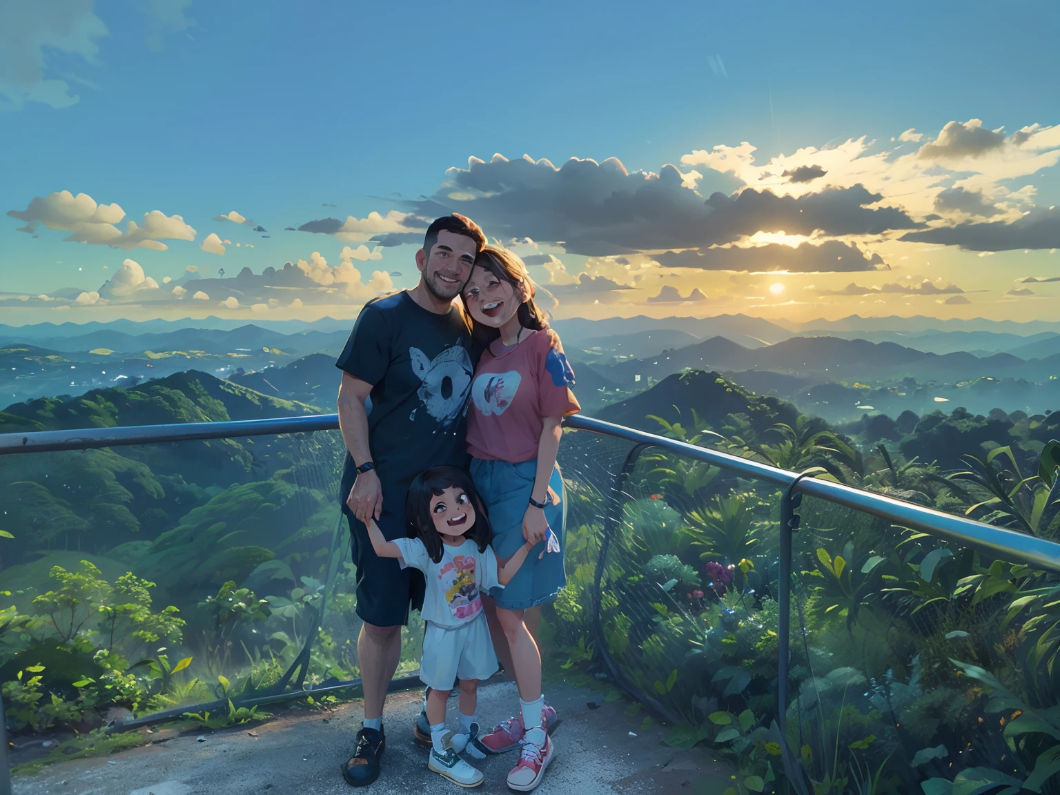 Familia, pai, menina de 3 anos, mami, horizonte, sunset in the background, feliz, qualidade perfeita, foco claro , (obra-prima: 1.2) (realista: 1.2) (bokeh) (melhor qualidade) (pele detalhada: 1.3) (detalhes intrincados) (8K) (olhos de detalhe) (foco nítido), (feliz)