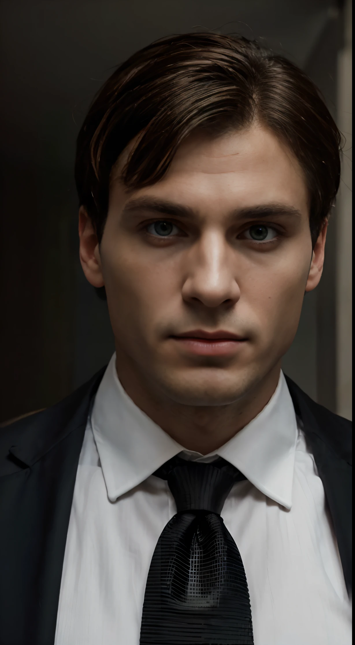 8k image, ultra realistic, 30-year-old man, detailed face, half-body photograph-type image, green eyes, penetrating gaze, Thomas Shelby style man, elegant black suit and red tie, clear face from the front, well-lit face, facial expression neutral