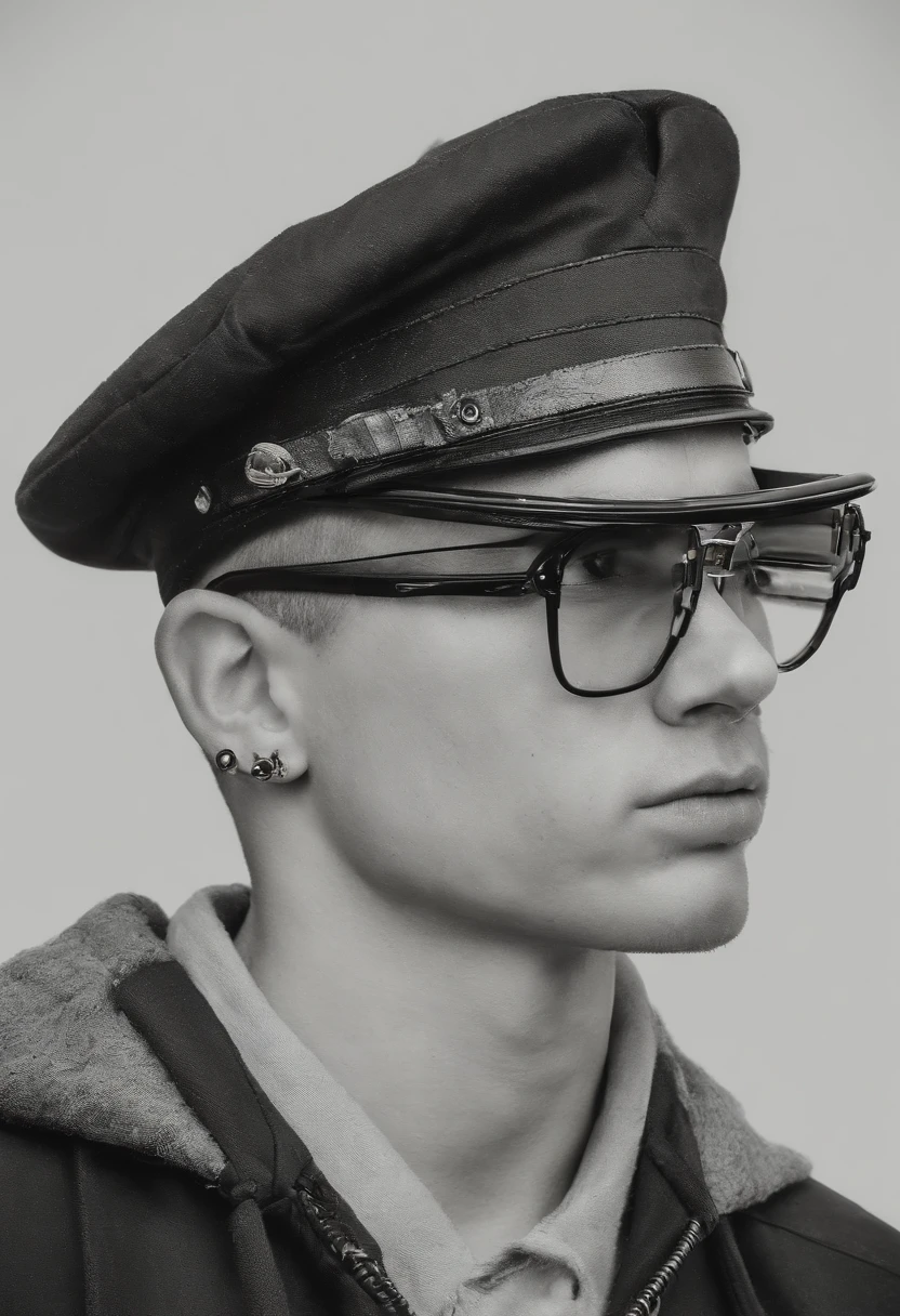 I want a drawing of a 20-year-old boy, who is a teacher, black clothes, white sneakers, smiling, with short and platinum hair, with three earrings on each ear and an eyebrow piercing, with an eagle tattoo on his neck and tattoos on his right and left arm