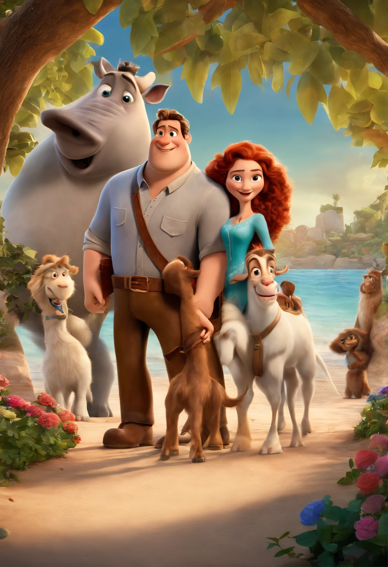 a Disney Pixar movie poster showing a white-skinned family. The father is the tallest, Tem barba curta, loiro, cabelos curtos e espinhosos. The mother has brown eyes and hair, shoulder-length and is slightly overweight. A menina tem 4 anos e cabelos castanhos, roupa rosa e rabos de cavalo. The background is a beach garden. 3D-rendering