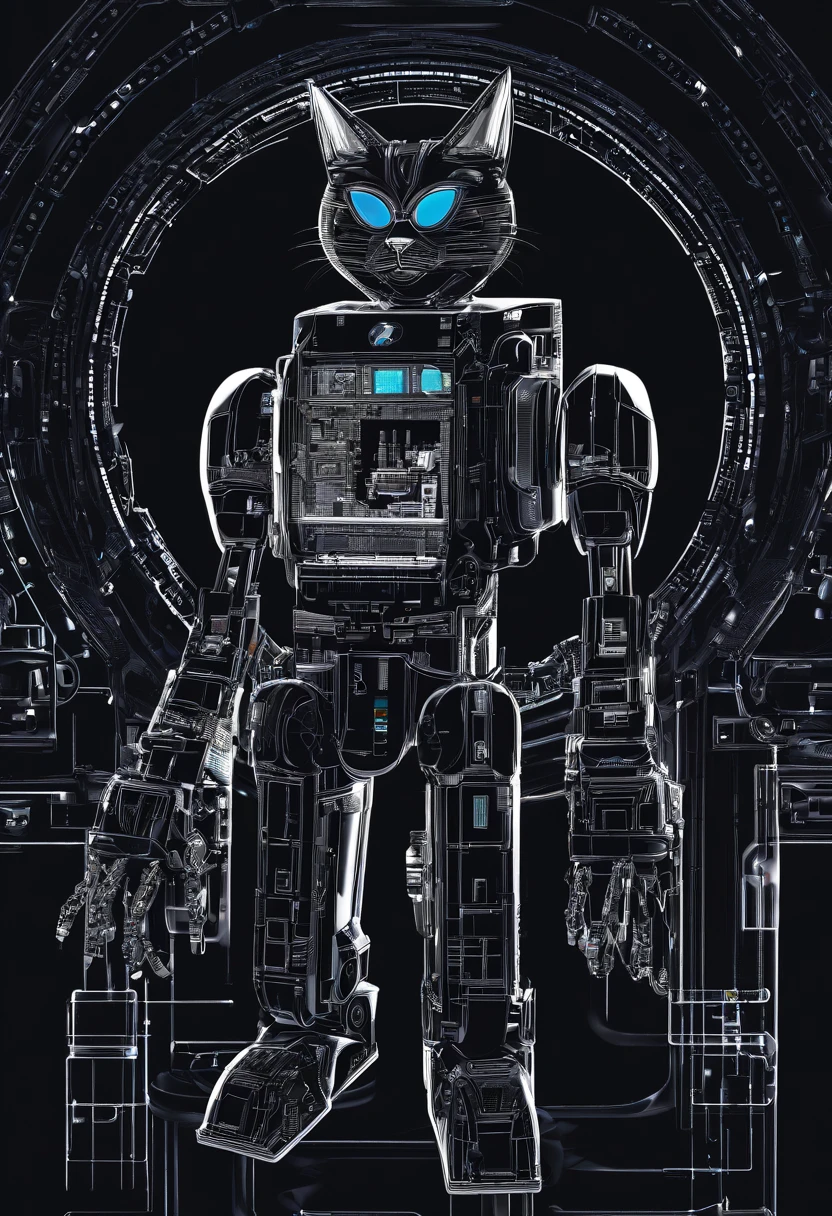 A cute black cat robot and a white cat wearing sunglasses, con auriculares puestos, standing up position, Belleza abstracta, dynamic, Pintura digital altamente detallada, Concepto-Arte, 8k, high-definition resolution