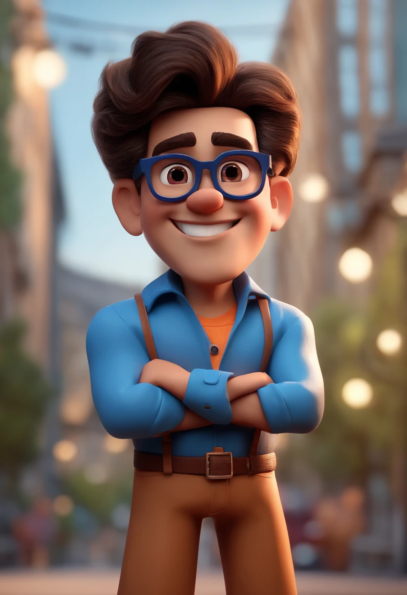 Cartoon character of a man with black glasses and a blue shirt, animation character, Caractere estilizado, animation style rendering, 3D estilizado, Arnold Maya render, 3 d render stylized, toon render keyshot, Personagem 3D, Personagem 3D, 3d rendering stylized, 3 d character render, personagem de desenho animado, Personagem de close up, Pose de personagem, (Estilo Pixar) (master part:1.2) (Bokeh) (best quality) (pele detalhada) (textura detalhada) (8k) (argila) (Cinematic lighting) (foco nítido