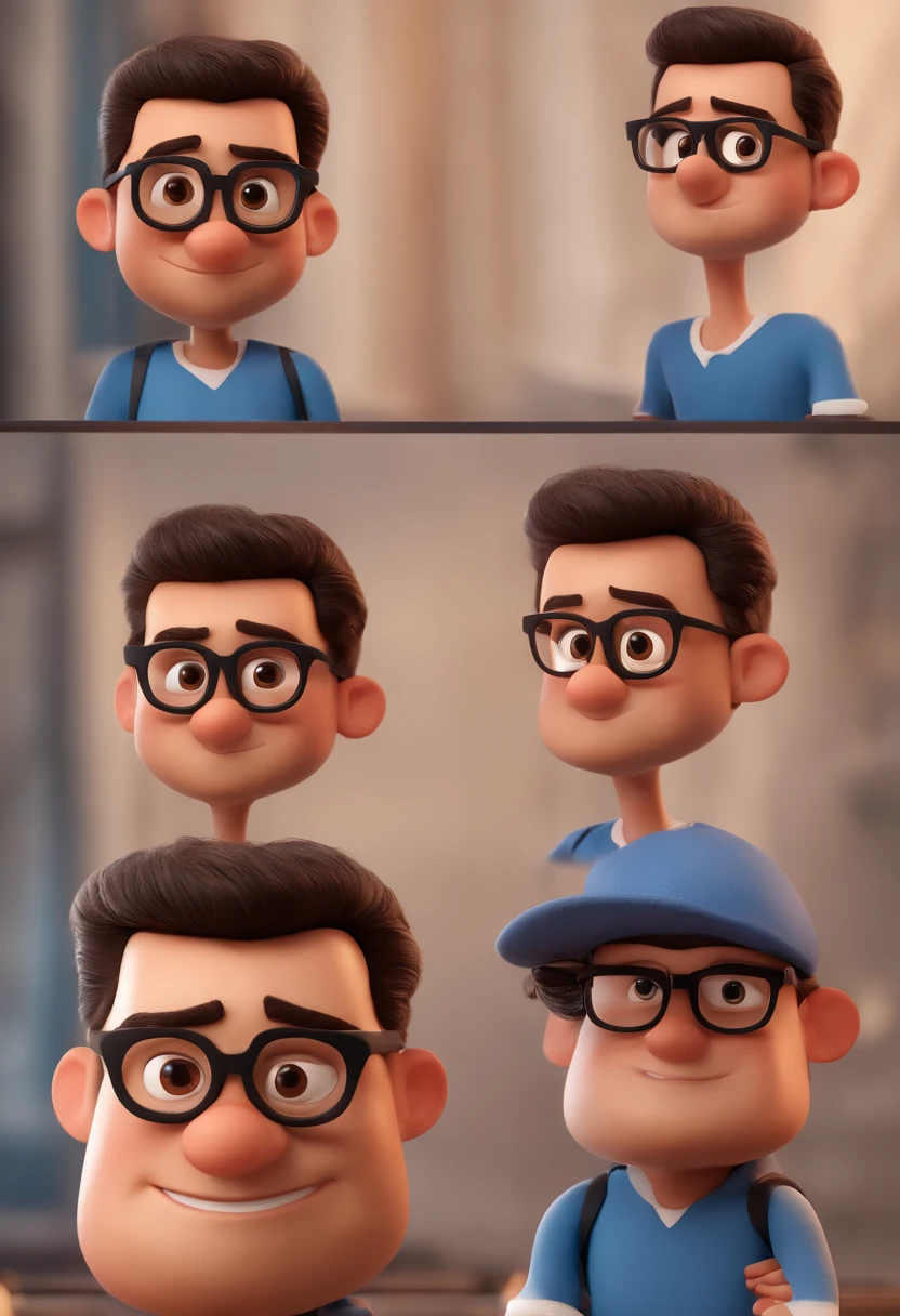 Cartoon character of a man with black glasses and a blue shirt, animation character, Caractere estilizado, animation style rendering, 3D estilizado, Arnold Maya render, 3 d render stylized, toon render keyshot, Personagem 3D, Personagem 3D, 3d rendering stylized, 3 d character render, personagem de desenho animado, Personagem de close up, Pose de personagem,  (Estilo Pixar) (master part:1.2) (Bokeh) (best quality) (pele detalhada) (textura detalhada) (8k) (argila) (Cinematic lighting) (foco nítido