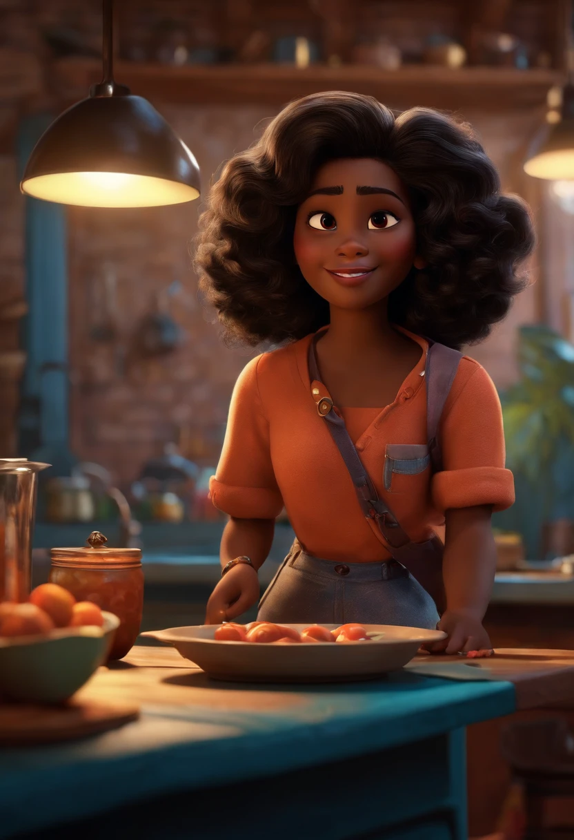 Um filme inspirado na Disney Pixar ( NEGRA JOVEM COM CABELO LONGO CACHEADO PRETO) dentro A cena estar na arte distinta do estilo PIXAR, descolada e estilosa