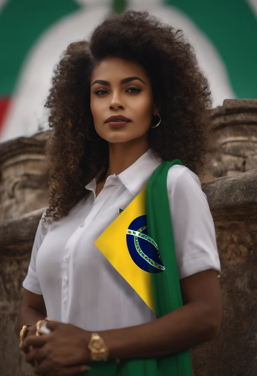 Mulher branca cabelo preto curto e ondulado, vestida com camisa do Brasil, holding a bible with people behind dressed in Brazil shirt and Brazilian flags in front of a church