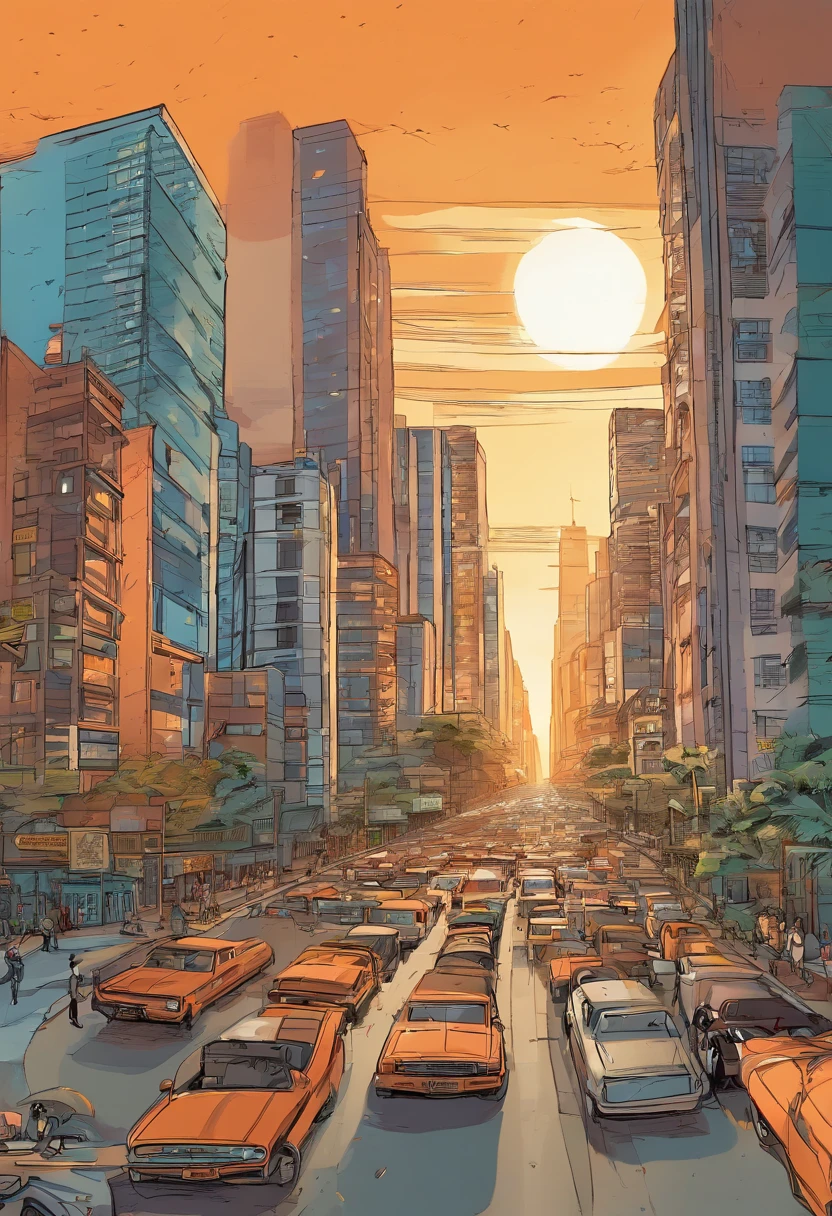 Paisagem urbana movimentada, avenida Paulista, São Paulo, Brasil, Skyscrapers reaching for the sky. The sun is setting, casting a warm orange glow over the scene. People are walking in the streets, And cars get stuck in traffic.]