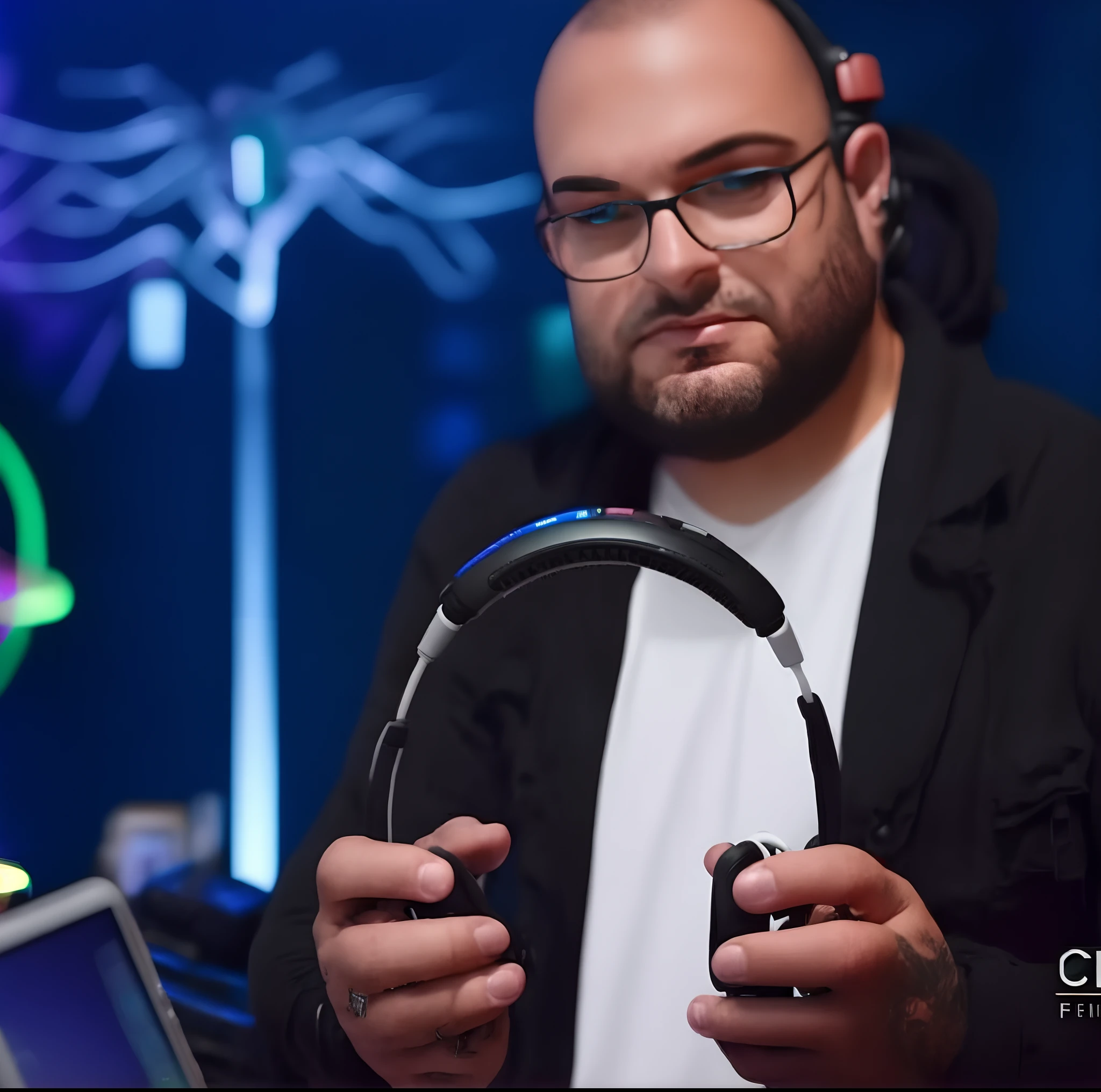 Homem Arafed segurando um par de fones de ouvido na frente de um laptop, fone de ouvido cyberpunk, Audeze, com fones de ouvido, Fones de ouvido DJ Rave, Fones de ouvido flutuantes, Streamer do Twitch / Jogador Ludwig, Directed by: Juan O'Gorman, usando fone de ouvido para jogos, In the background, com fones de ouvido, Psytrance e Giger, segurando um par de ventiladores. irreal 5