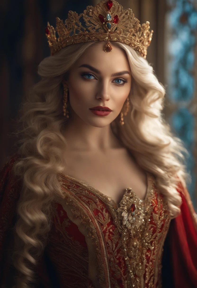 Um belo retrato da imperatriz, blonde hair, Olhos Azuis Perfeitos, com um brilhante, impossible awesome great christmas headpiece, roupas Papai Noel vestes, tudo Natal, neve, symmetric, Dramatic studio lighting, RococoStyle, Barroco, verdura, Asian, hiper-realismo, Closeup, d&d, fantasia, intrincado, elegante, altamente detalhado, pintura digital, art-station, octan render, 8k, arte conceitual, Fosco, foco nítido