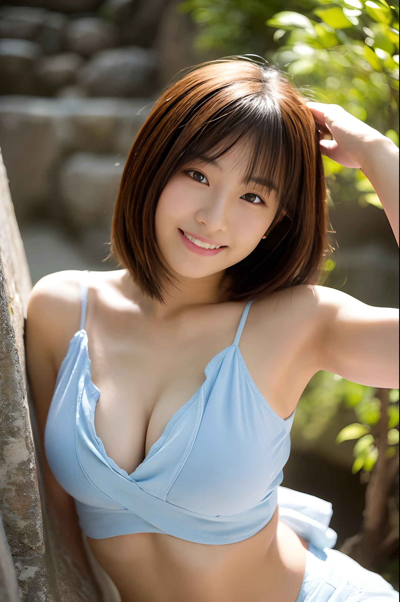 Korean female、fair skin、A detailed eye、Japan Beautiful Woman、full bodyesbian、(Background is Machu Picchu)、gravure model、cute smile face、The background is a World Heritage Site、The background is Machu Picchu in Peru、Gravure Beauty、dressed casually、(A Japanese Lady:1.3)、(Background is Machu Picchu:1.3)、((top-quality、8k、​masterpiece:1.3))、foco nítido:1.2、Perfect Body Beauty:1.4、((dark brown  hair))、(natural soft light、Background is Machu Picchu:1.1)、Highly detailed facial and skin texture、A detailed eye、二重まぶた、(((dynamic ungle)))、cleavage of the breast、short-hair、A Japanese Lady