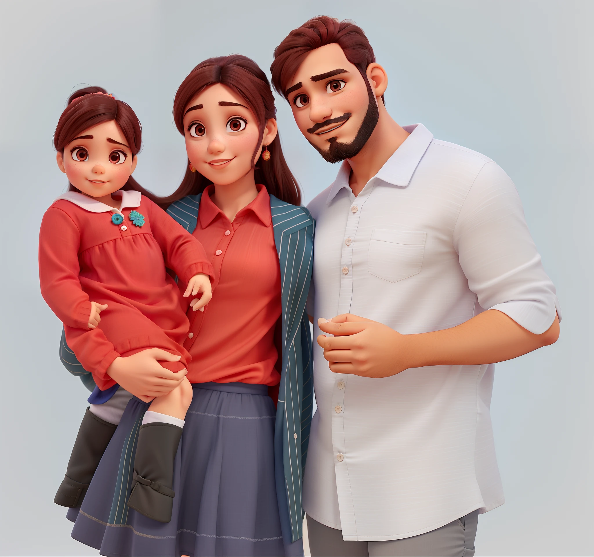 mulher morena. baby girl, vestido vermelho. Homem com barba camisa azul. Natal