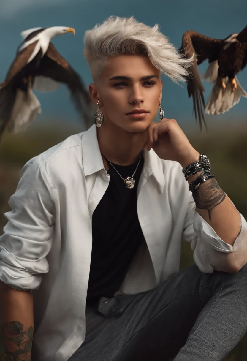 I want a drawing of a 20-year-old boy, who is a teacher, black clothes, white sneakers, smiling, with short and platinum hair, with three earrings on each ear and an eyebrow piercing, with an eagle tattoo on his neck and tattoos on his right and left arm