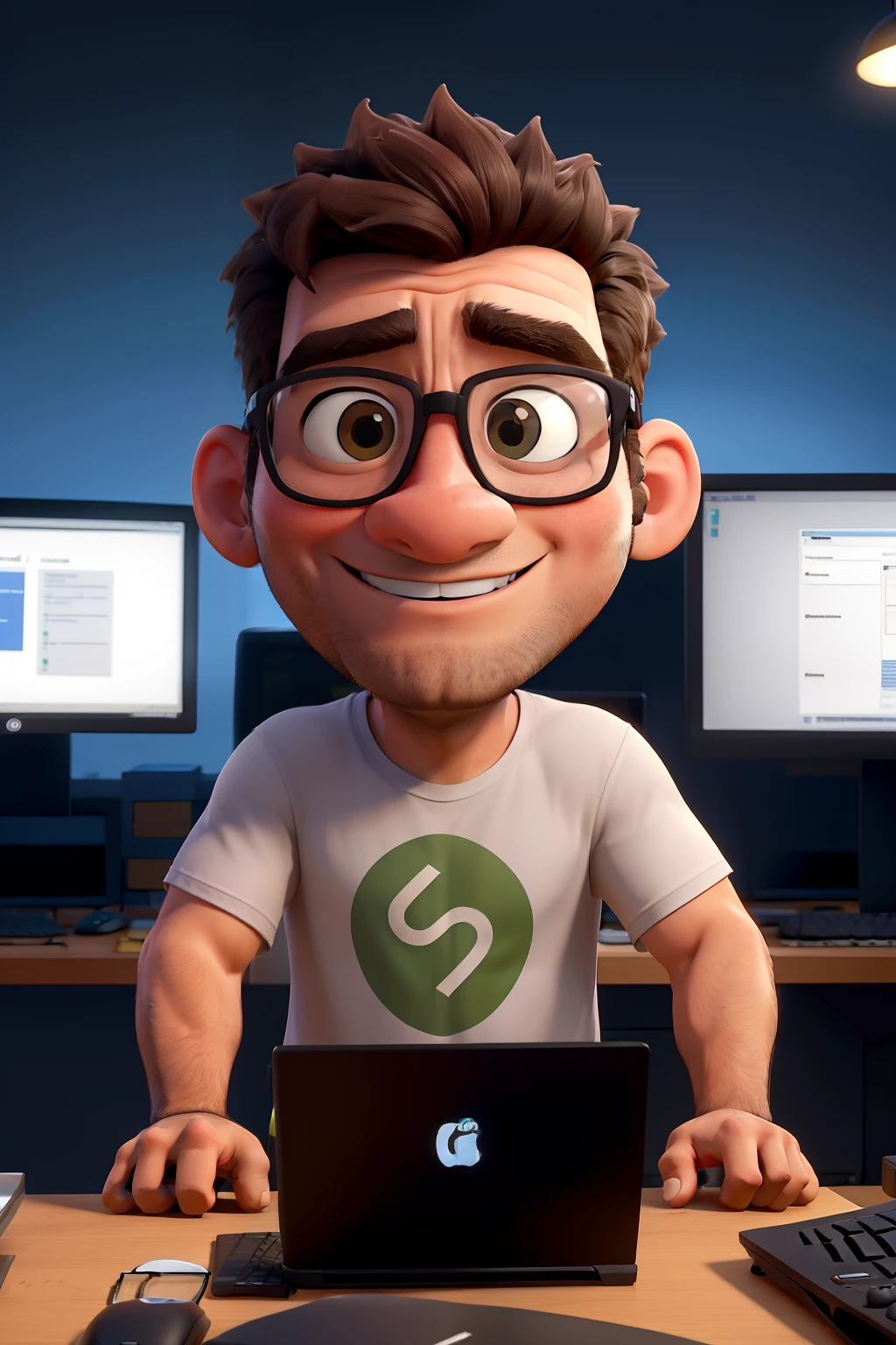 Obra-prima, de melhor qualidade, um homem grisalho, with glasses, vestindo uma camiseta preta, sentado em frente a um computador. On the computer screen we can see a piece of a software source code.
